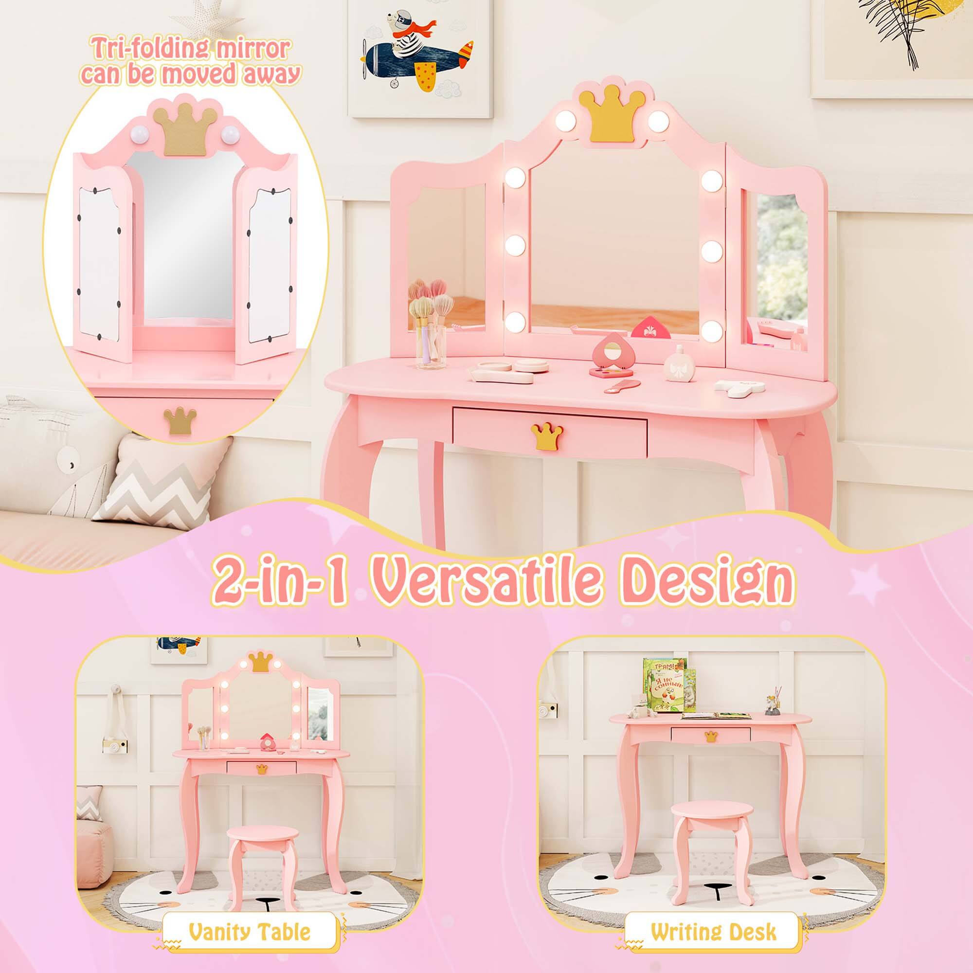 Tri-folding mirror can be moved away. 2-in-1 Versatile Design Vanity Table Writing Desk