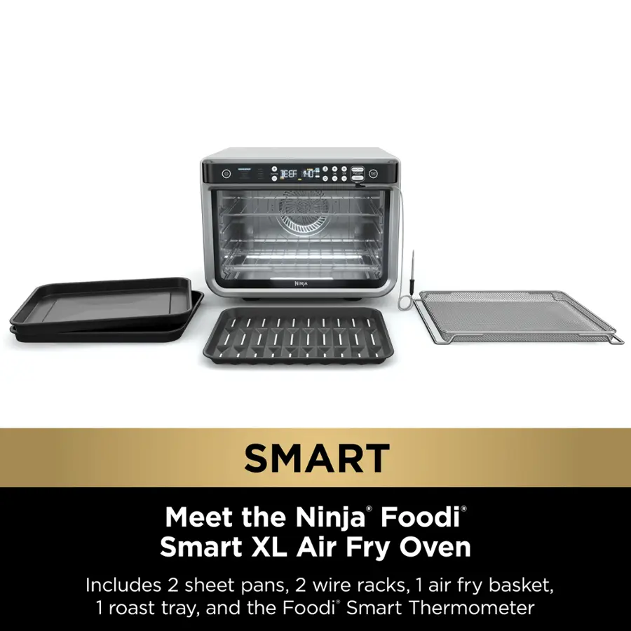 Meet the Ninja Foodi Smart XL Air Fry Oven. Includes 2 sheet pans, 2 wire racks, 1 air fry basket, 1 roast tray, and the Foodi Smart Thermometer.