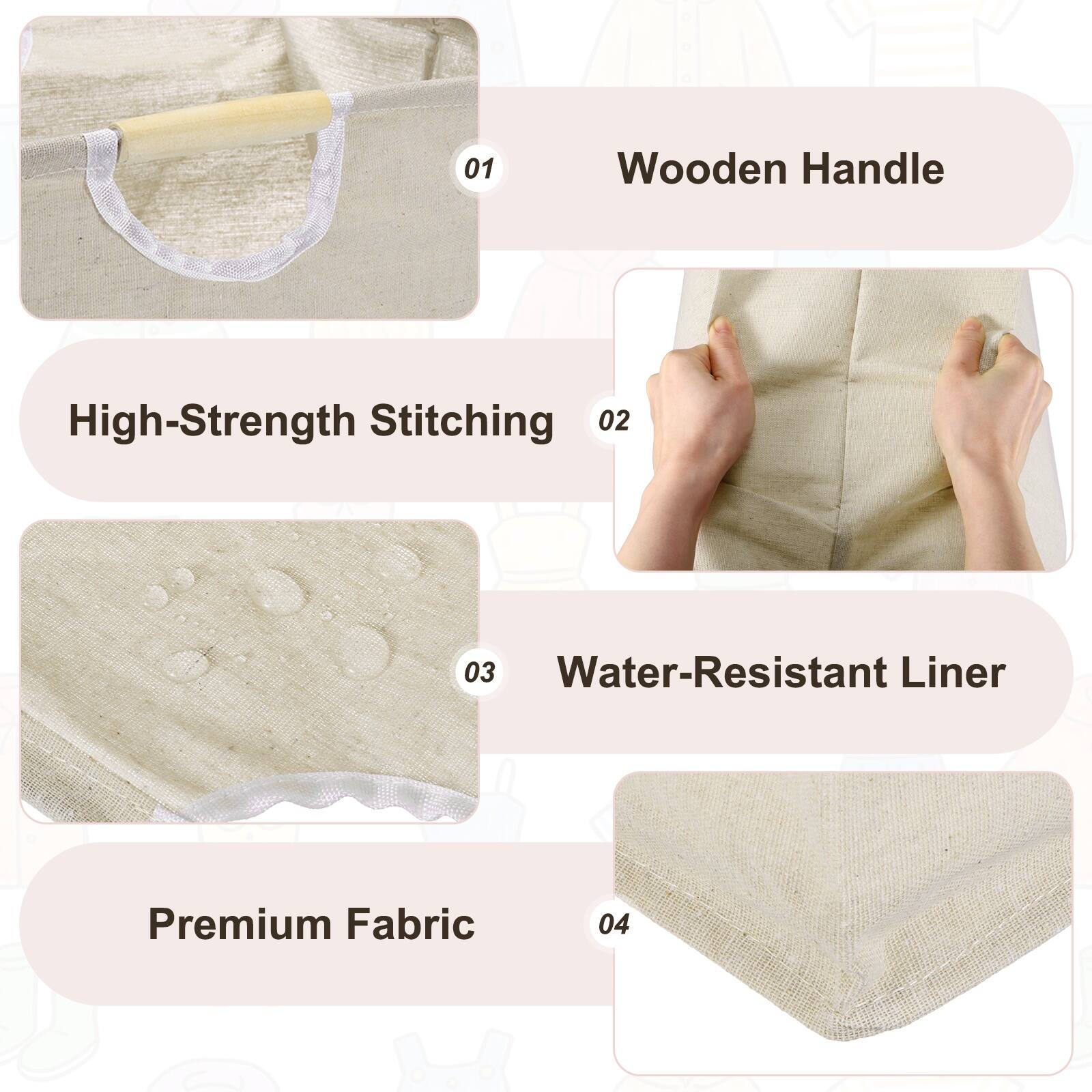 01 Wooden Handle  
02 High-Strength Stitching  
03 Water-Resistant Liner  
04 Premium Fabric