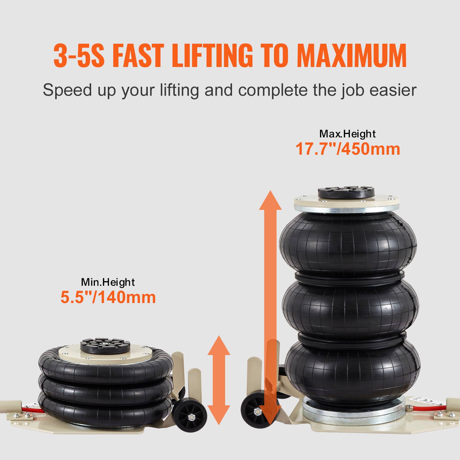 3-5S FAST LIFTING TO MAXIMUM  
Speed up your lifting and complete the job easier  
Max.Height 17.7"/450mm  
Min.Height 5.5"/140mm
