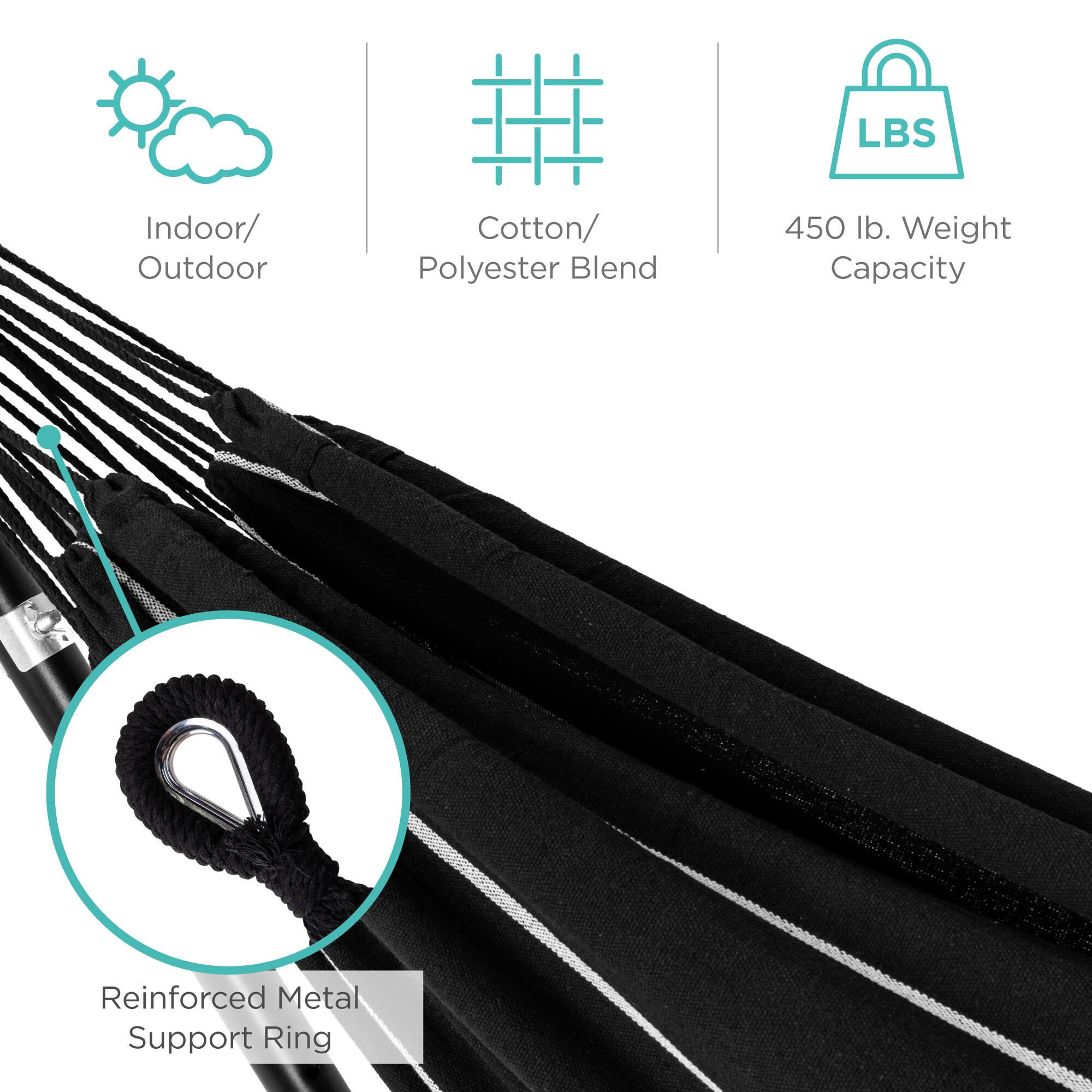 - Indoor/Outdoor
- Cotton/Polyester Blend
- 450 lb. Weight Capacity
- Reinforced Metal Support Ring