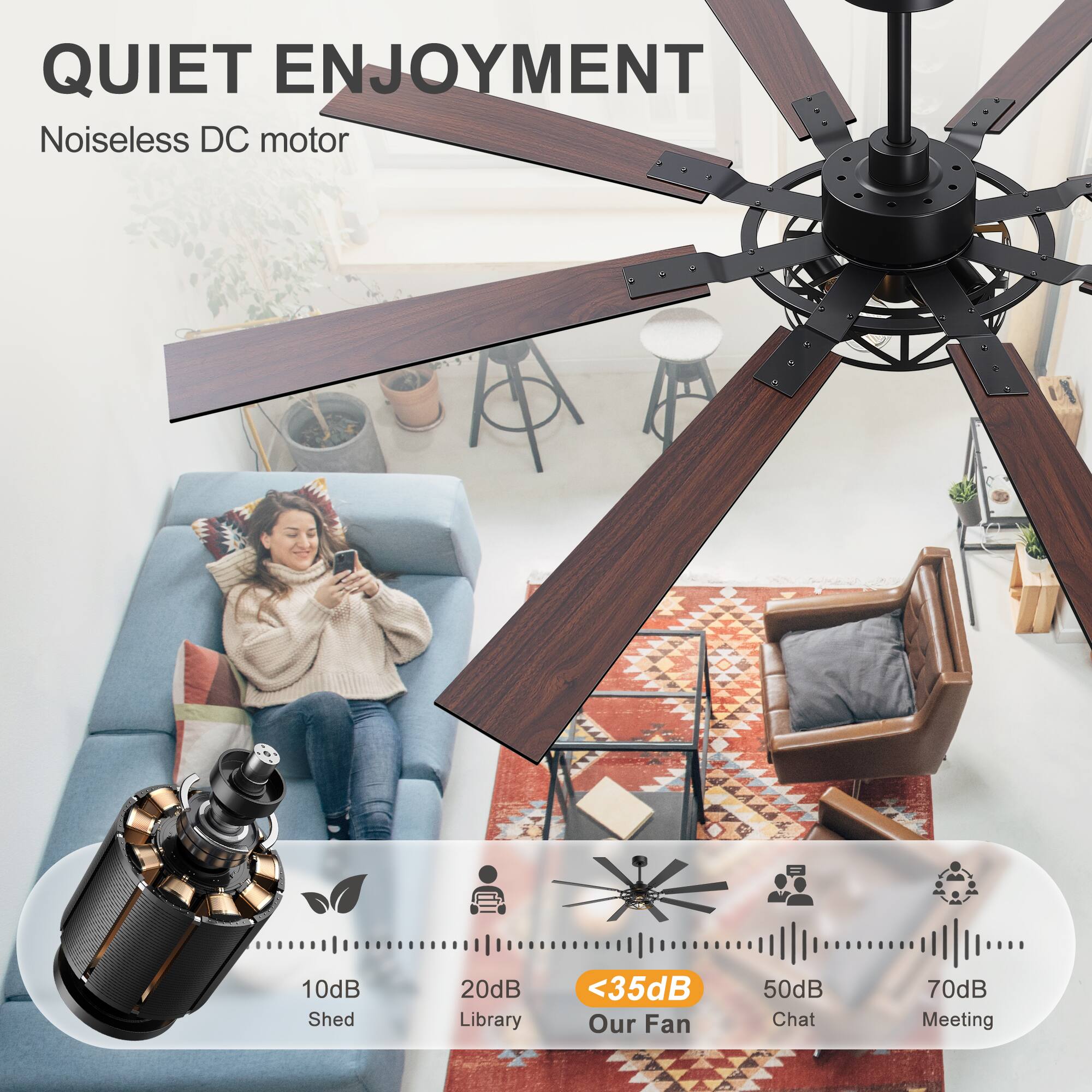 QUIET ENJOYMENT  
Noiseless DC motor  
10dB Shed  
20dB Library  
<35dB Our Fan  
50dB Chat  
70dB Meeting