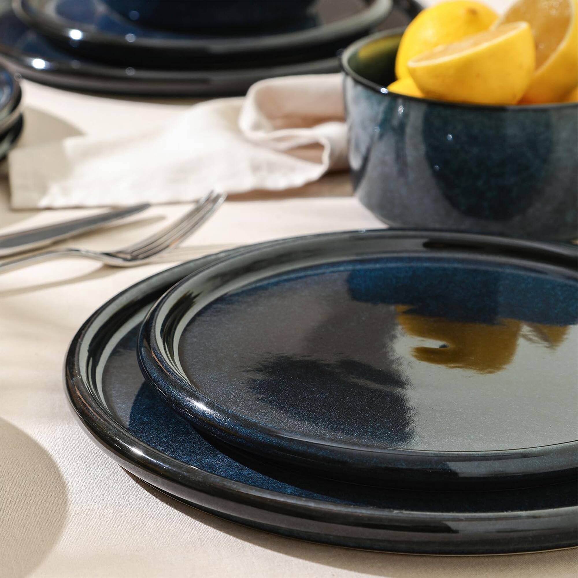 Alt View 2. Stone Lain - Stone Lain 12 Piece Modern Stoneware Dinnerware Set Plates, Bowls, Dark Blue - Dark Blue.