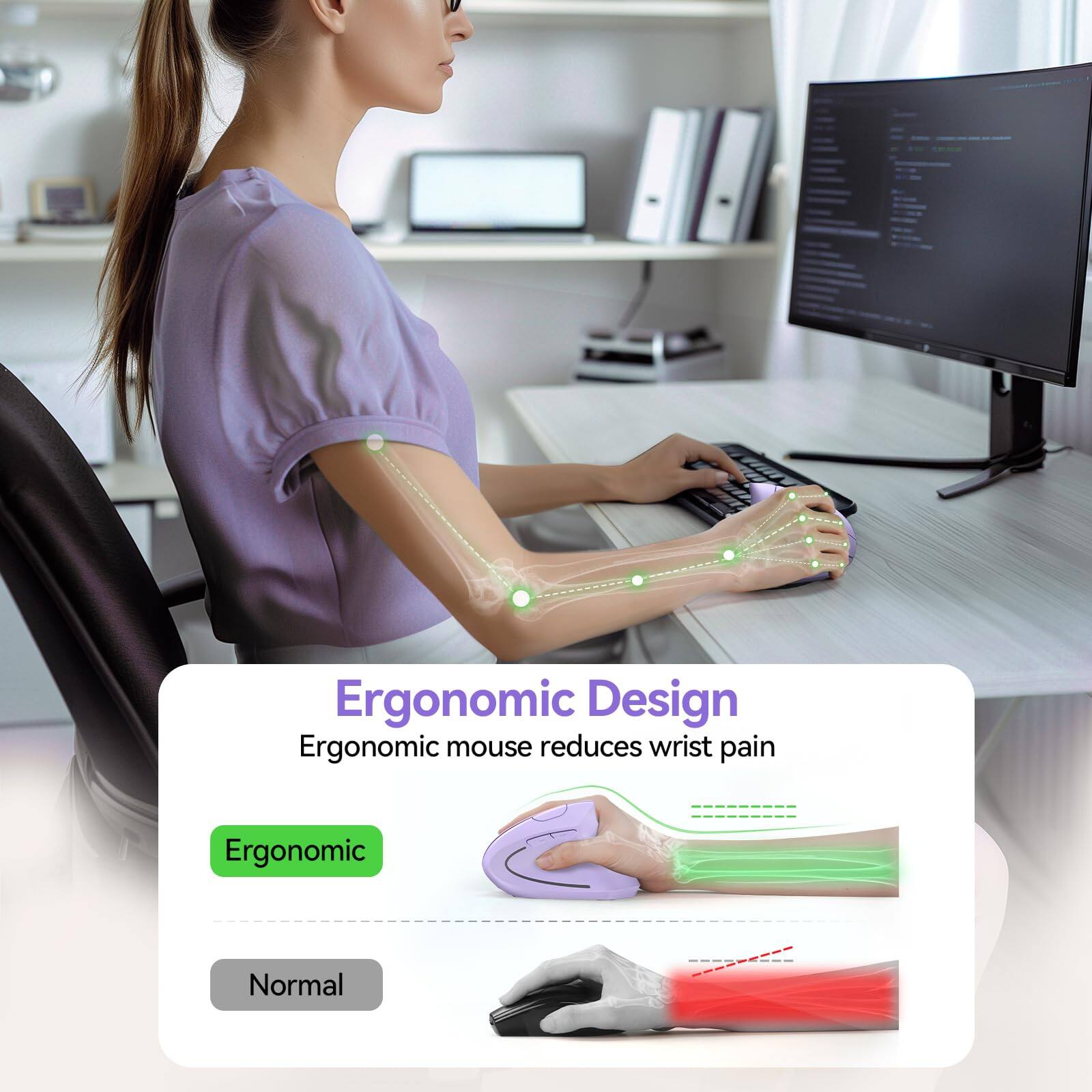 Ergonomic Design  
Ergonomic mouse reduces wrist pain  

Ergonomic  
Normal