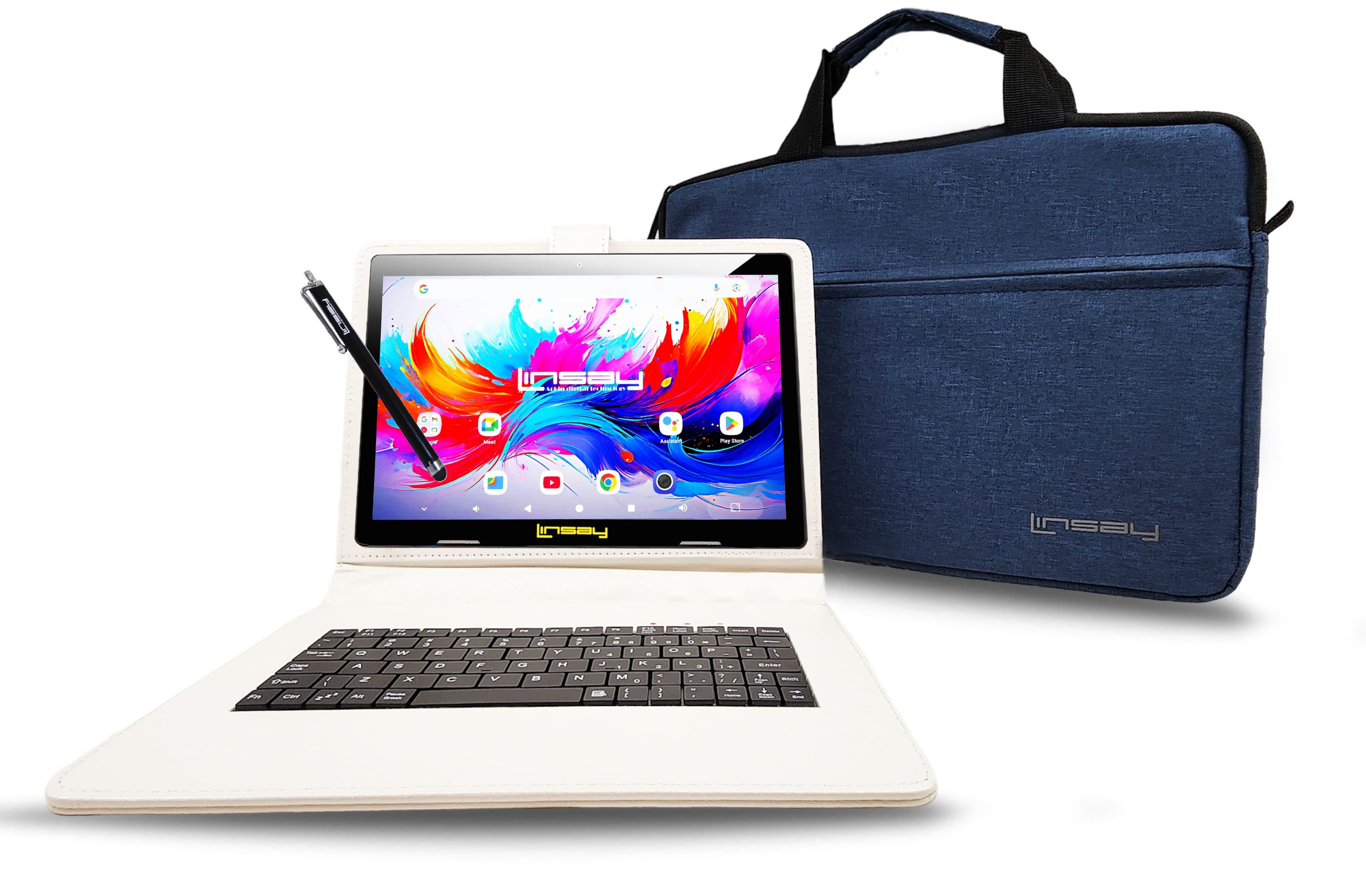 LINSAY - 10.1" Octa Core 256GB Storage Android 15 with Unique Oracle Keyboard Case and Tablet Briefcase - White