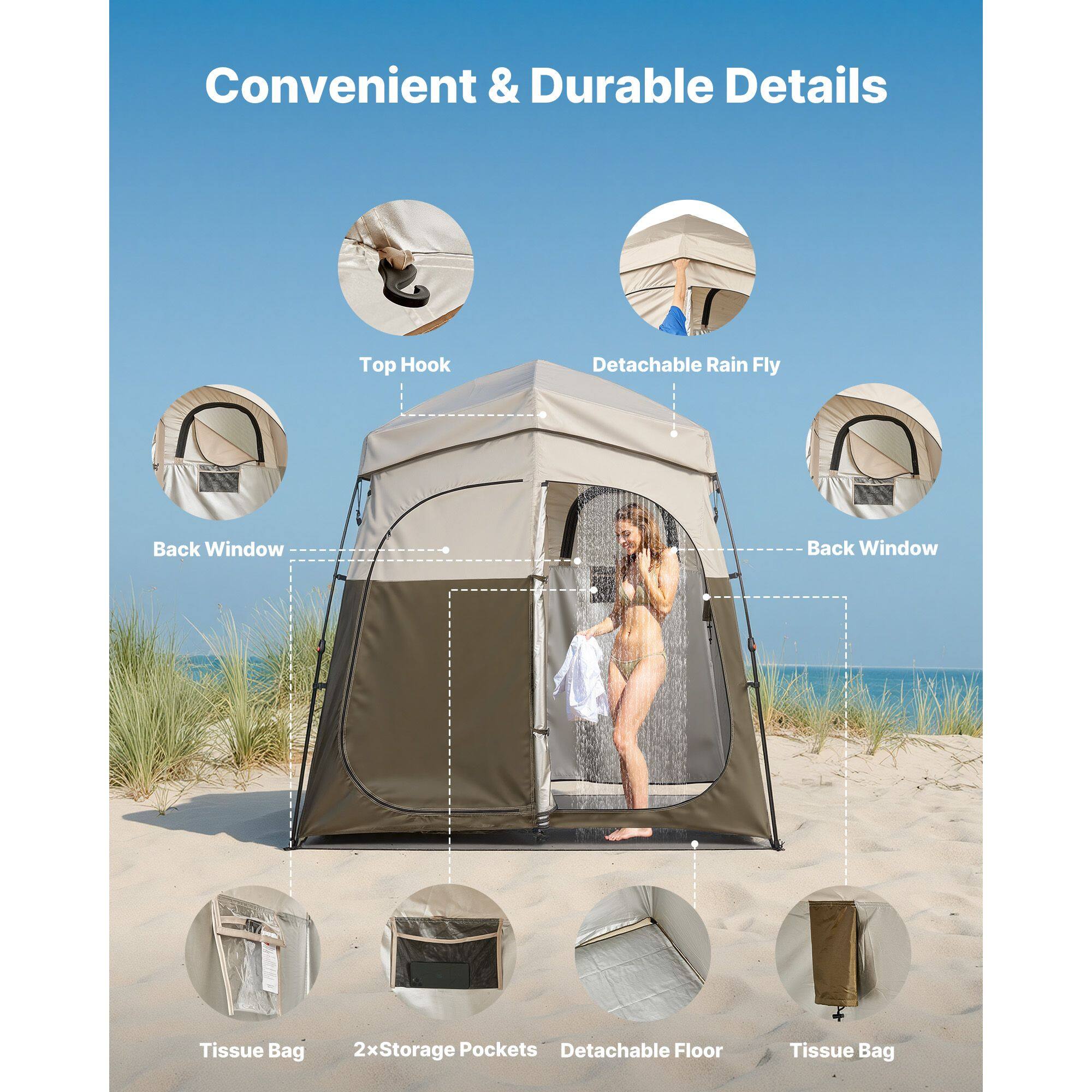 Convenient & Durable Details

- Top Hook
- Detachable Rain Fly
- Back Window
- Back Window
- Tissue Bag
- 2x Storage Pockets
- Detachable Floor
- Tissue Bag