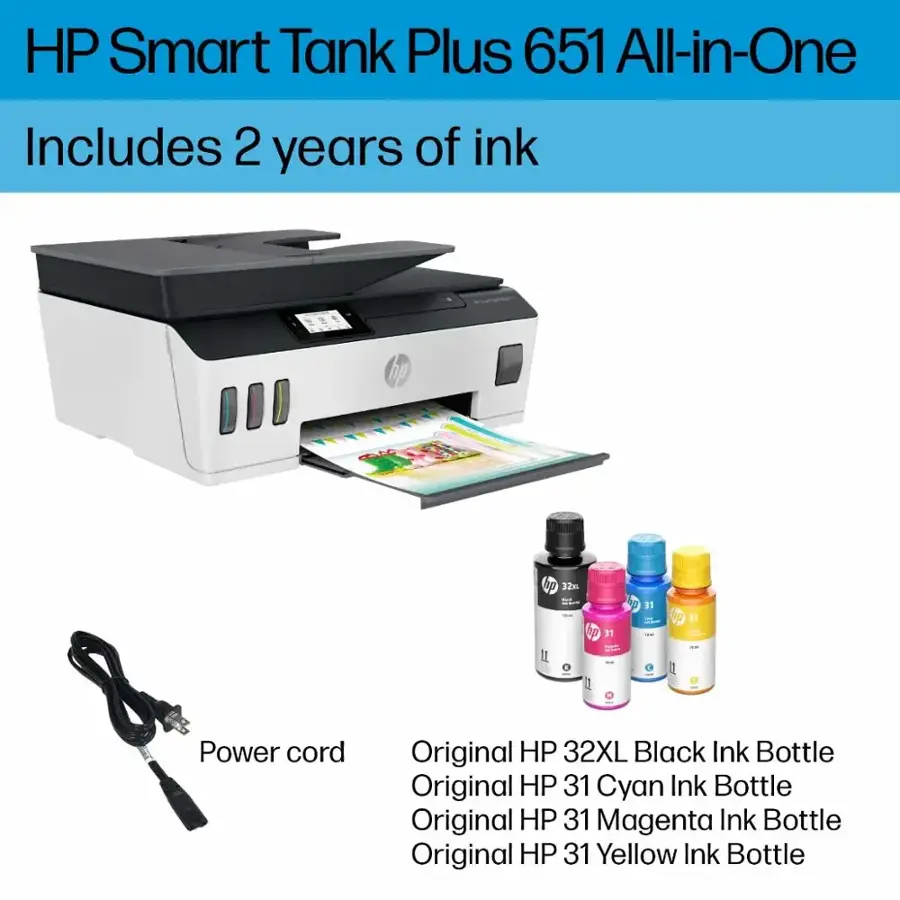 HP Smart Tank Plus 651 All-in-One Includes 2 years of ink:

* Power cord
* Original HP 32XL Black Ink Bottle
* Original HP 31 Cyan Ink Bottle
* Original HP 31 Magenta Ink Bottle
* Original HP 31 Yellow Ink Bottle