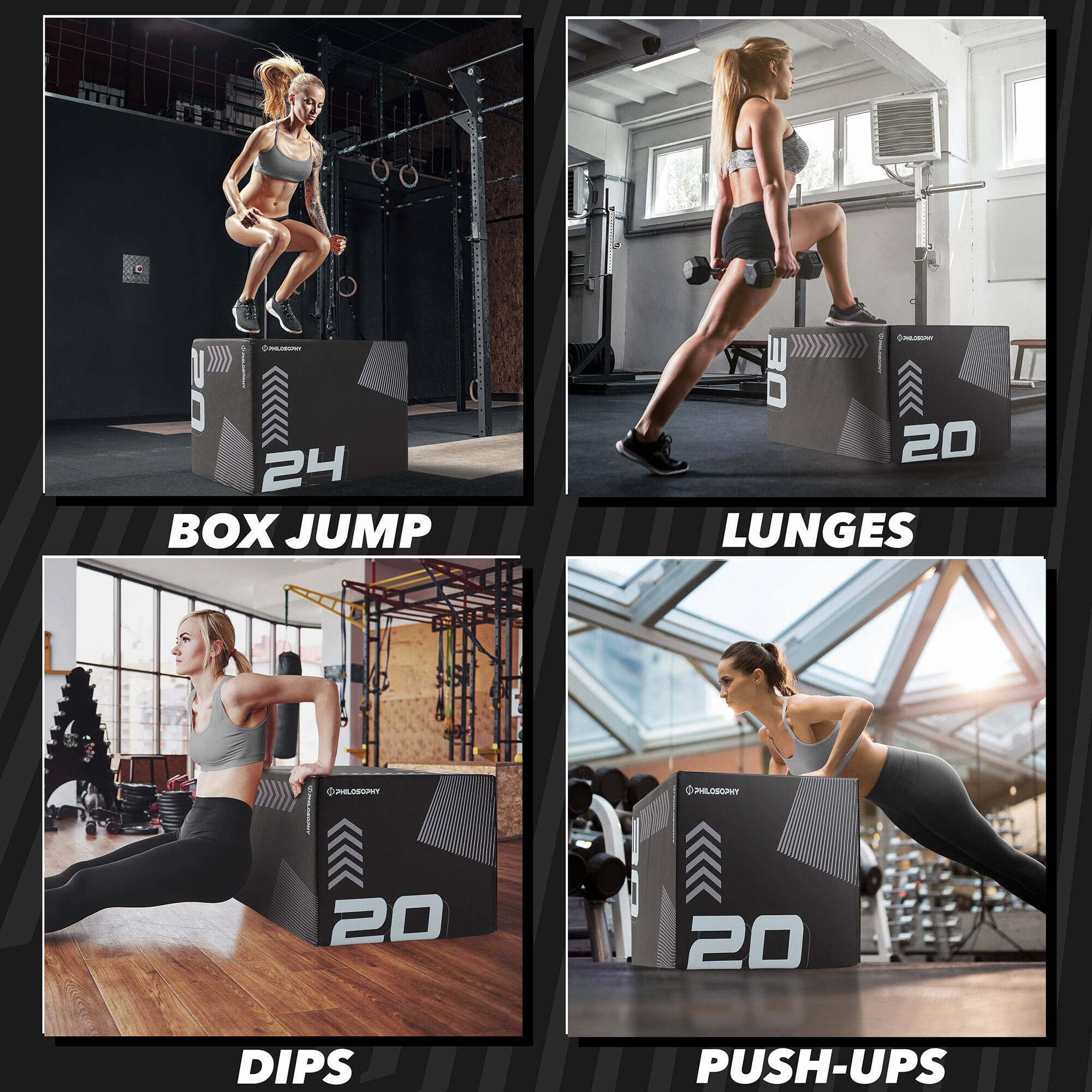 5 T 20 24 BOX JUMP AM DE 20 LUNGES COORGHY USUT 20 20 DIPS PUSH-UPS

Corrected:
5 T 20 24 BOX JUMP AM DE 20 LUNGES COORGHY USUT 20 20 DIPS PUSH-UPS

Grouped:
- BOX JUMP: 24
- LUNGES: 20
- DIPS: 20
- PUSH-UPS: 20