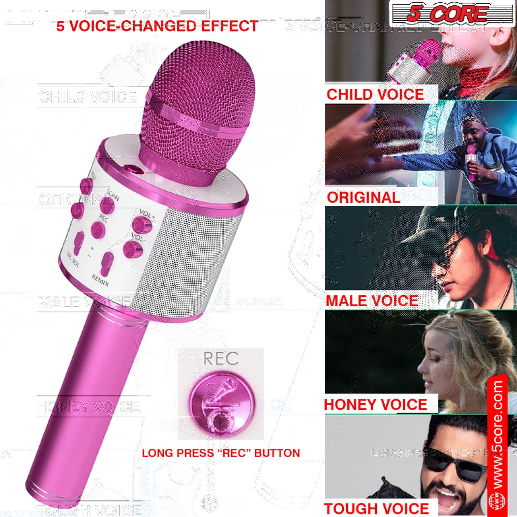 5 Voice-Changed Effect

5 Core

Child Voice
Original
Male Voice
Honey Voice
Tough Voice

Long Press "REC" Button

www.5core.com