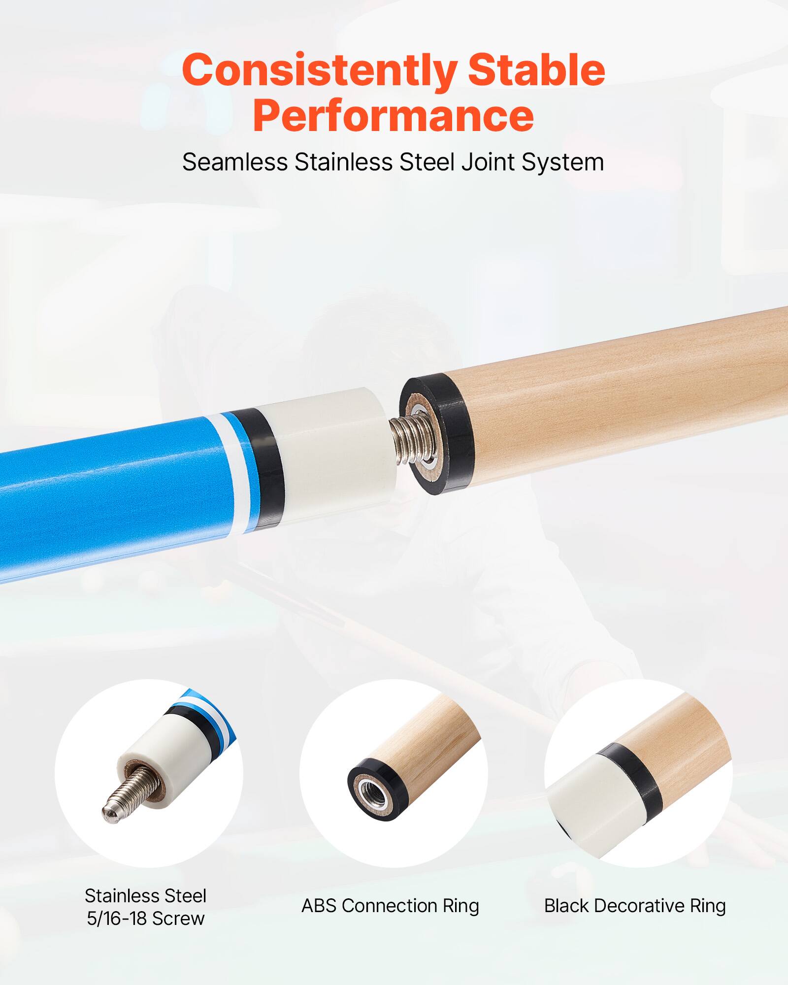 Consistently Stable Performance  
Seamless Stainless Steel Joint System  

Stainless Steel 5/16-18 Screw  
ABS Connection Ring  
Black Decorative Ring