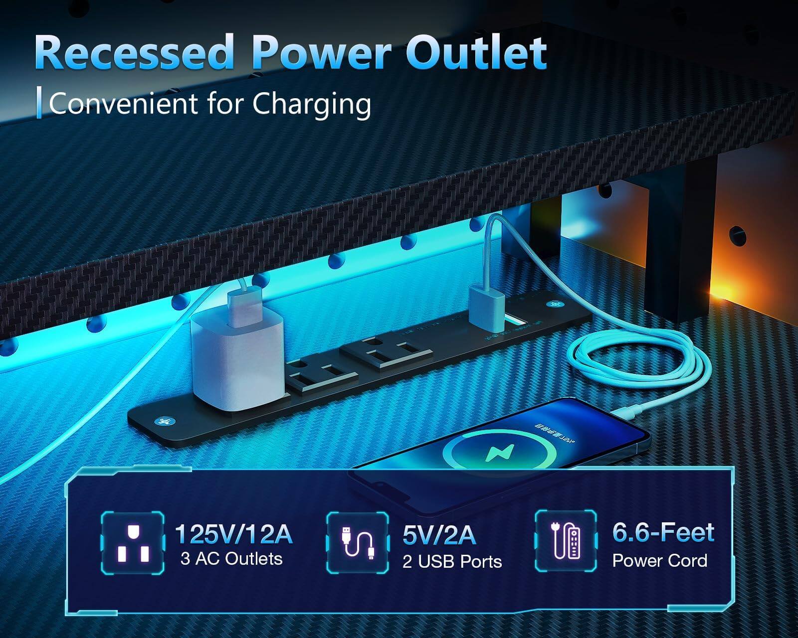 Recessed Power Outlet  
Convenient for Charging  

125V/12A  
3 AC Outlets  

5V/2A  
2 USB Ports  

6.6-Feet Power Cord