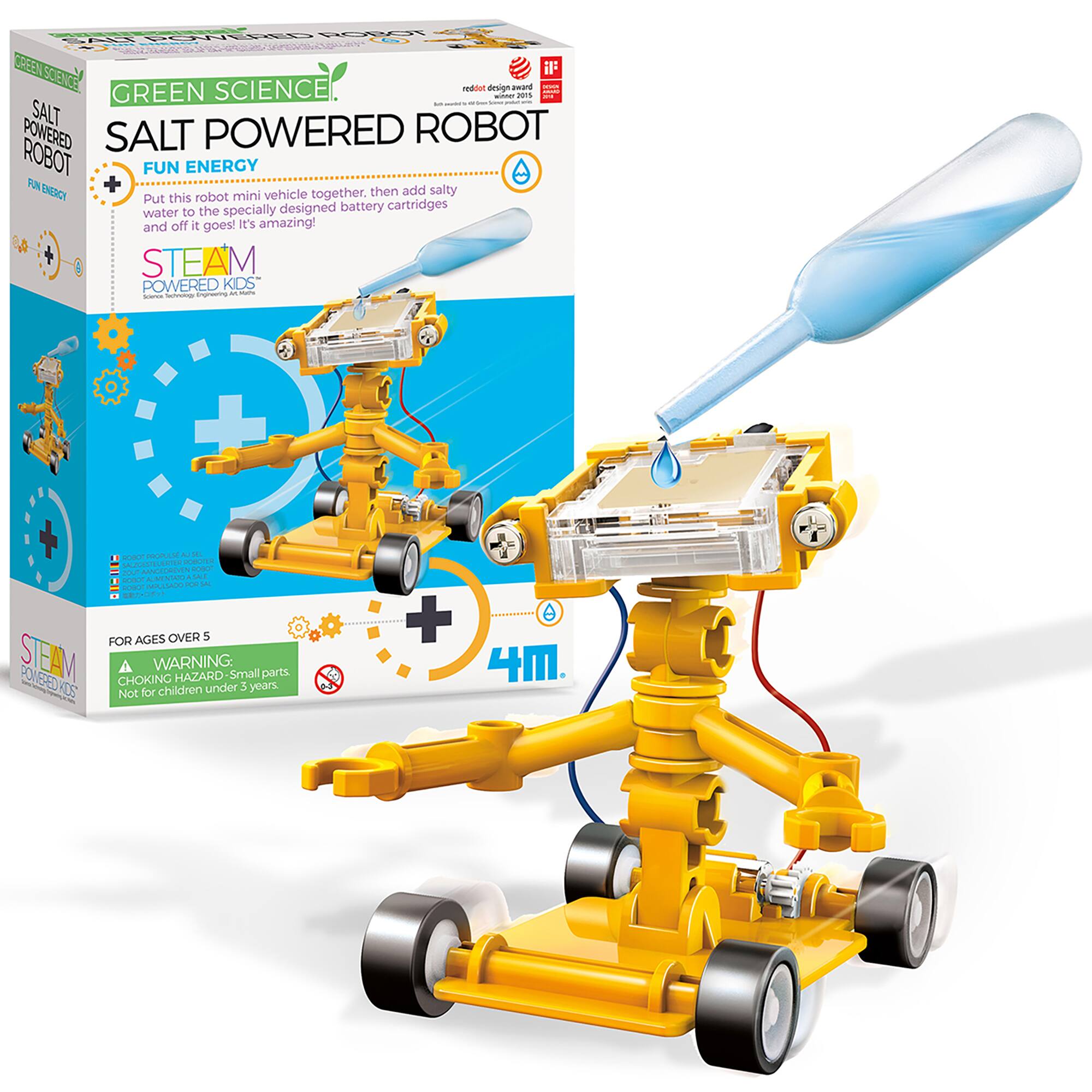 GREEN SCIENCE  
SALT POWERED ROBOT  
FUN ENERGY  

Put this robot mini vehicle together, then add salty water to the specially designed battery cartridges and off it goes! It's amazing!  

STEAM POWERED KIDS  

FOR AGES OVER 5  

WARNING:  
CHOKING HAZARD - Small parts. Not for children under 3 years.