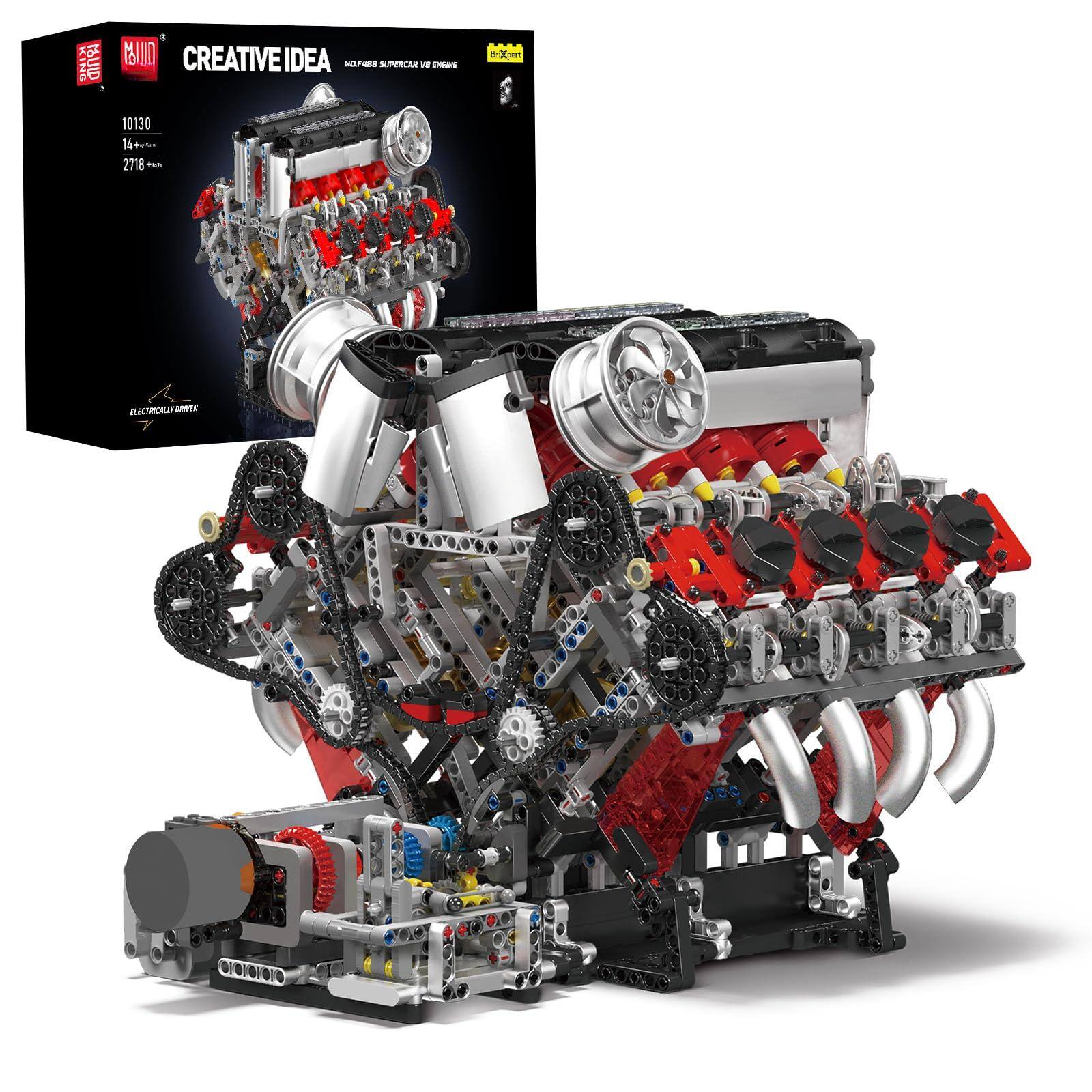Leash Valley - V8 Engine Building Blocks Sets Model Kit That Runs Moc Engineering With And 2718 For Adults V8 Engine Building - Red