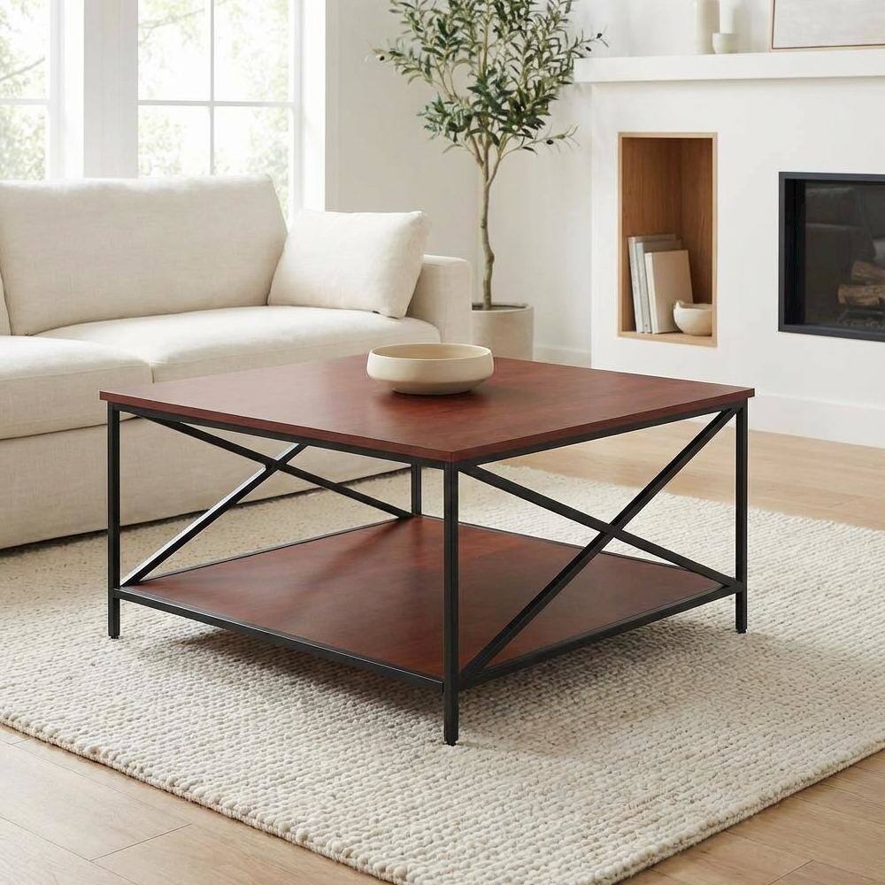 Back. FurniFact - Cherry and Black Metal Square Coffee Table with Shelf and Particle Board Surface - Cherry.