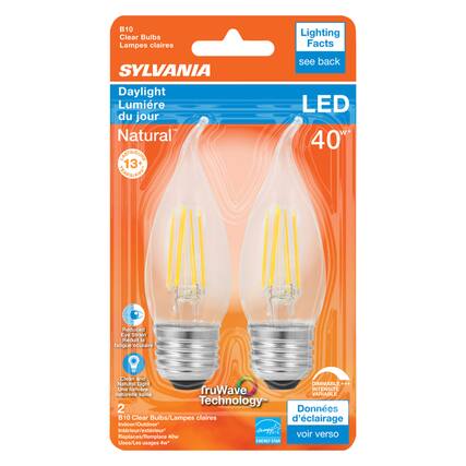 B10 Clear Bulbs Lampes claires Lighting Facts SYLVANIA Daylight Lumière du jour Natural" NUGT 13 PAASIANE see back LED W 40T Reduced Eye Strain Réduit la fatigue oculaire Clean and Natural Light DIMMABLE+ Une lumière fruWave INTENSITE naturelle saine VARIABLE Technology 2 Donnes B10 Clear Bulbs/Lampes claires d'éclairage Indoor/Outdoor Intérieur/extérieur Replaces/Remplace 40w voir verso NERGT STAR Uses/Les usages 4w*