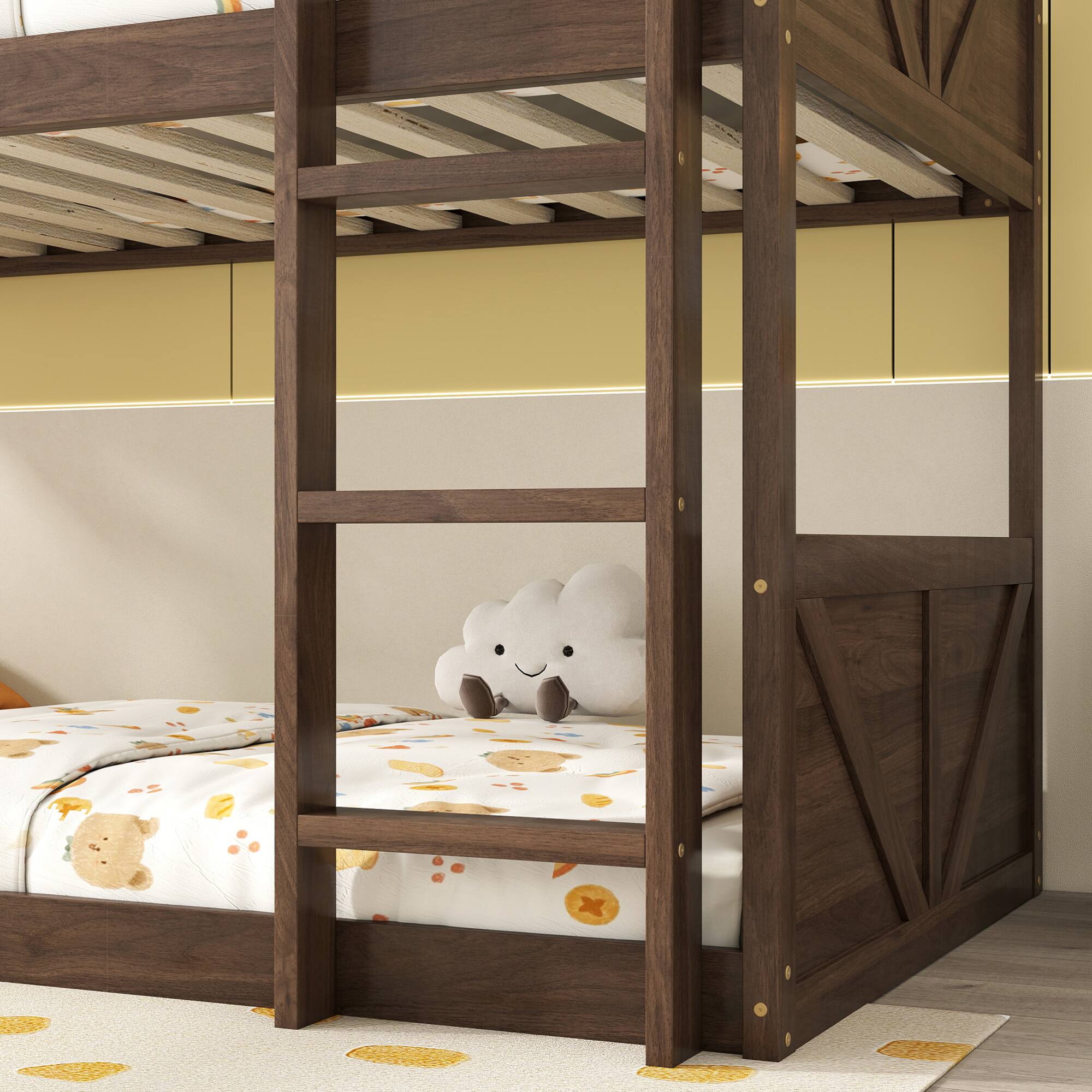 Alt View 7. GOODSILO - Solid Wood Twin Over Twin Floor Bunk Bed with Panelled Headboard and Footboard, Built-in Ladder and Safety Guardrails - Antique Dark Oak.