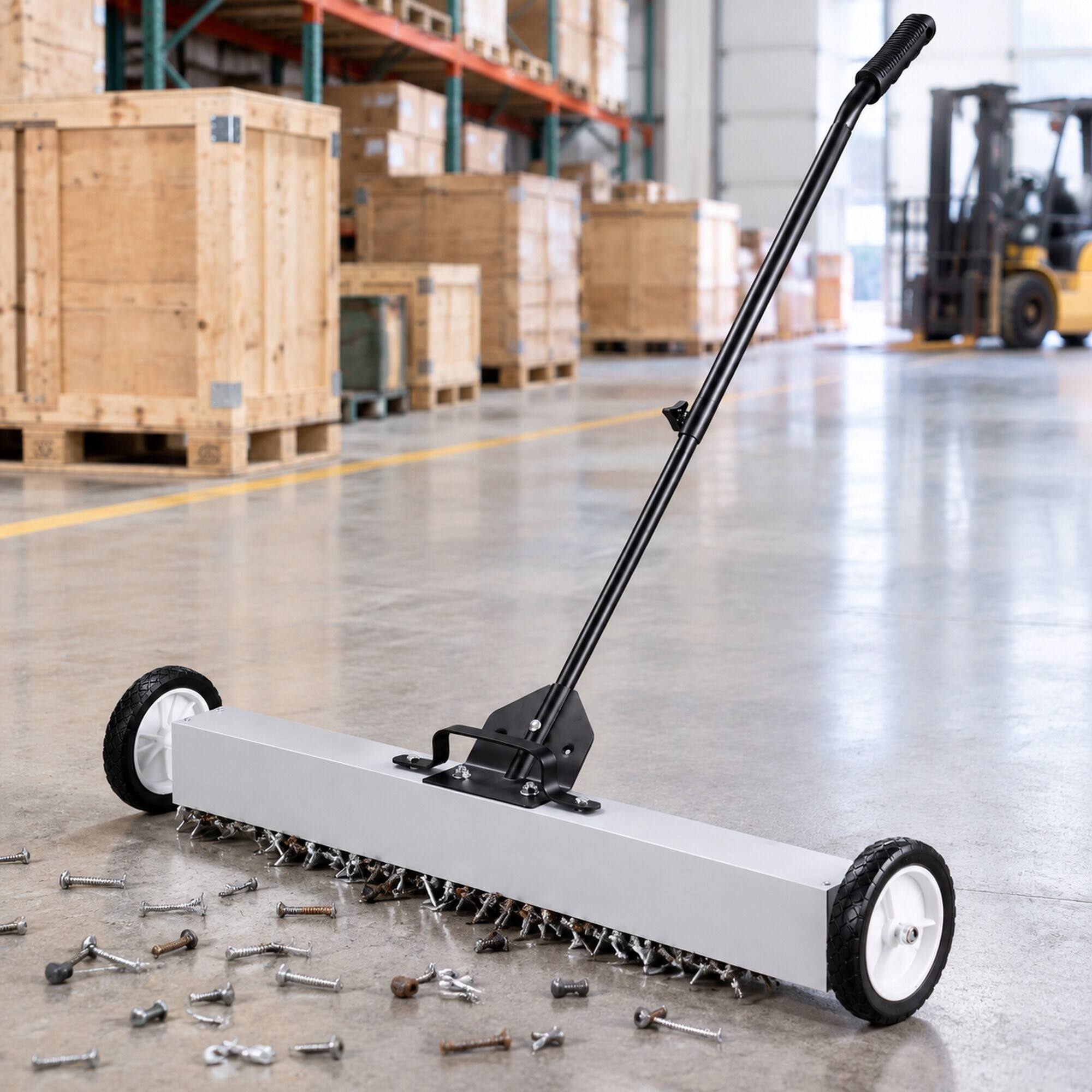 Left. RYHNUYNE - 55 lbs Rolling Magnetic Sweeper, 36 in Wide Magnet, Telescoping Handle, Push-Type Pickup for Garage Yard - White.