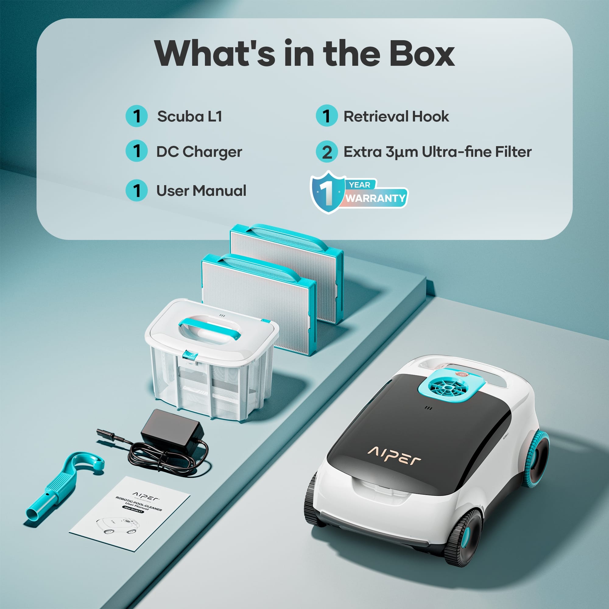 What's in the Box:
1. Scuba L1
2. Retrieval Hook
3. DC Charger
4. Extra 3m Ultra-fine Filter
5. User Manual
6. 1 Year Warranty - Sea
7. Apexer - o - AT pEr