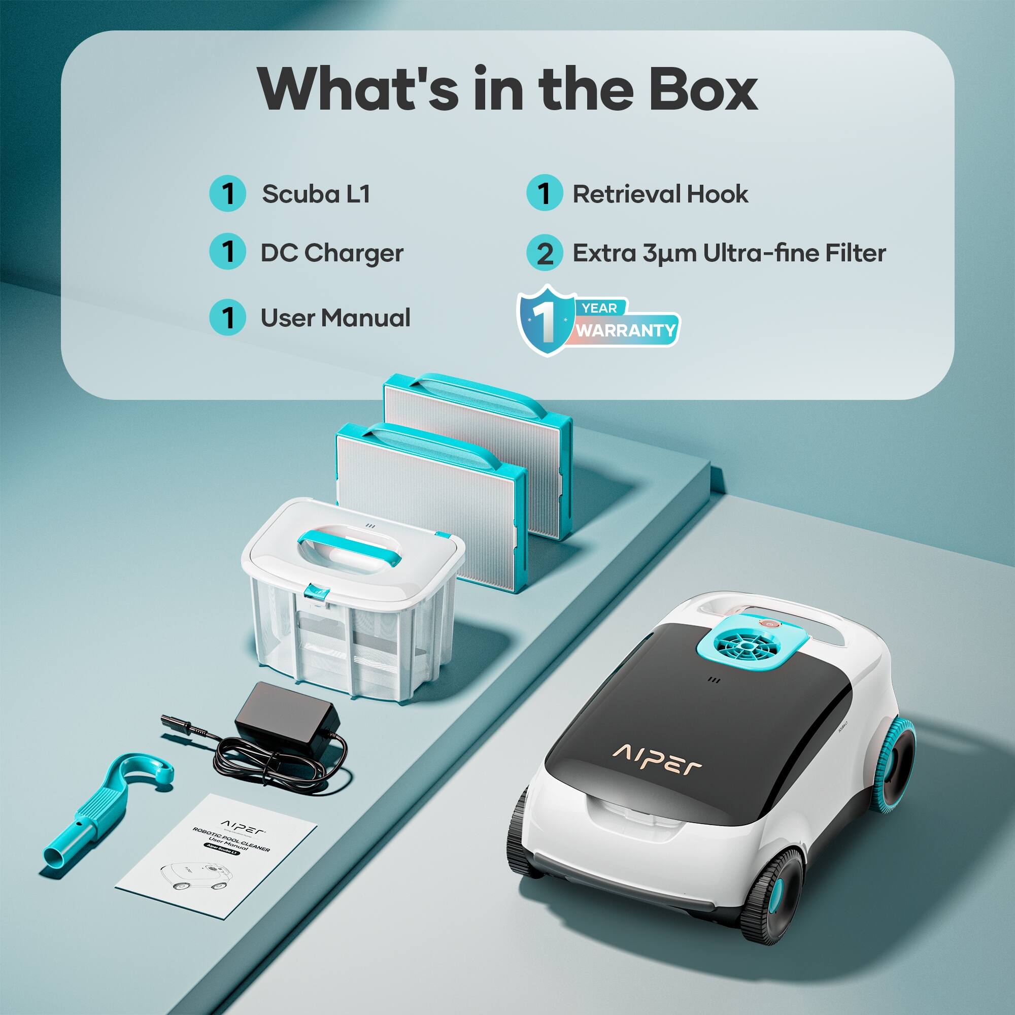 What's in the Box:

1. Scuba L1
2. Retrieval Hook
3. DC Charger
4. Extra 3m Ultra-fine Filter
5. User Manual
6. 1 Year Warranty - Sea
7. Apexer - o - AT pEr