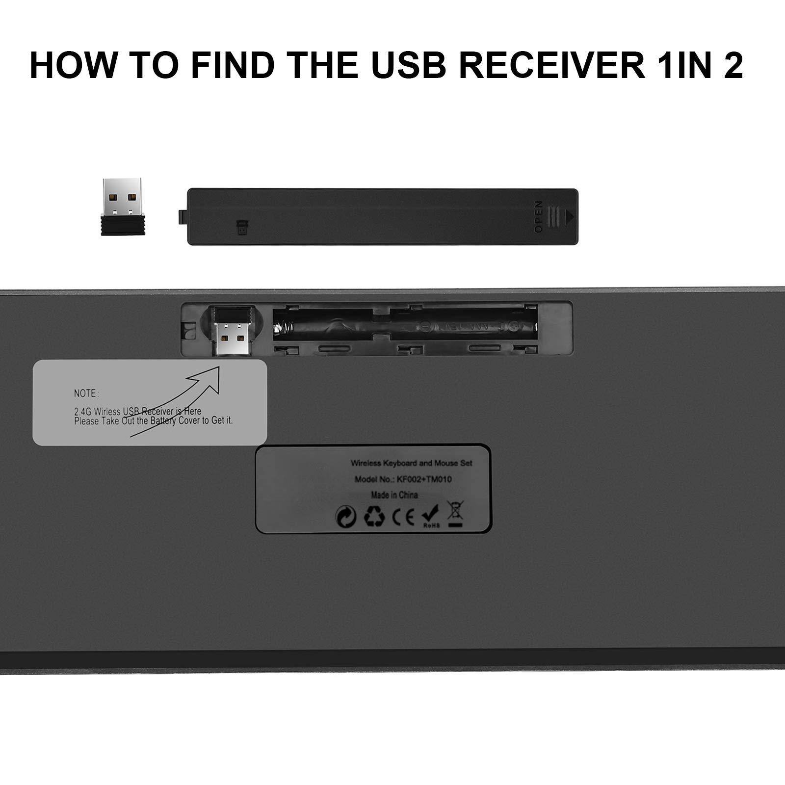 Sure, here is the corrected and grouped text from the image:

---

**HOW TO FIND THE USB RECEIVER 1IN 2**

---

**NOTE:**

2.4G Wireless USB Receiver is here  
Please Take Out the Battery Cover to Get it.

---

**Wireless Keyboard and Mouse Set**  
Model No: KF002+TM010  
Made in China  
CE RoHS

---