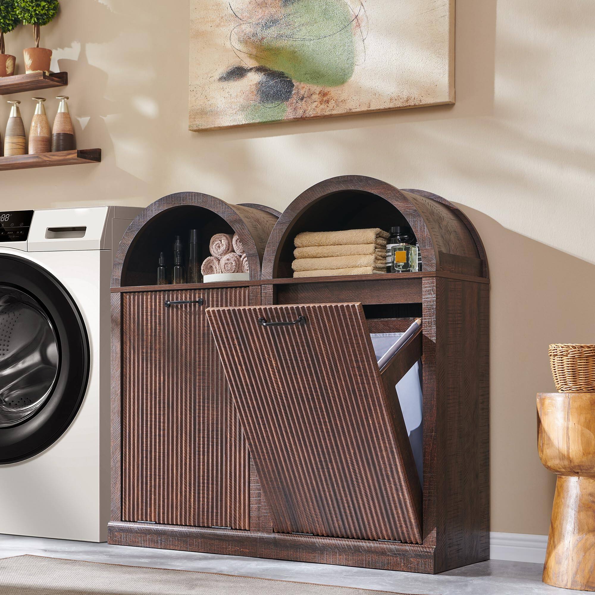 Front. OMOMMD - Arched Tilt-Out 10 Gal Trash Cabinet Fluted Laundry Hamper with Open Shelf - Brown 2.