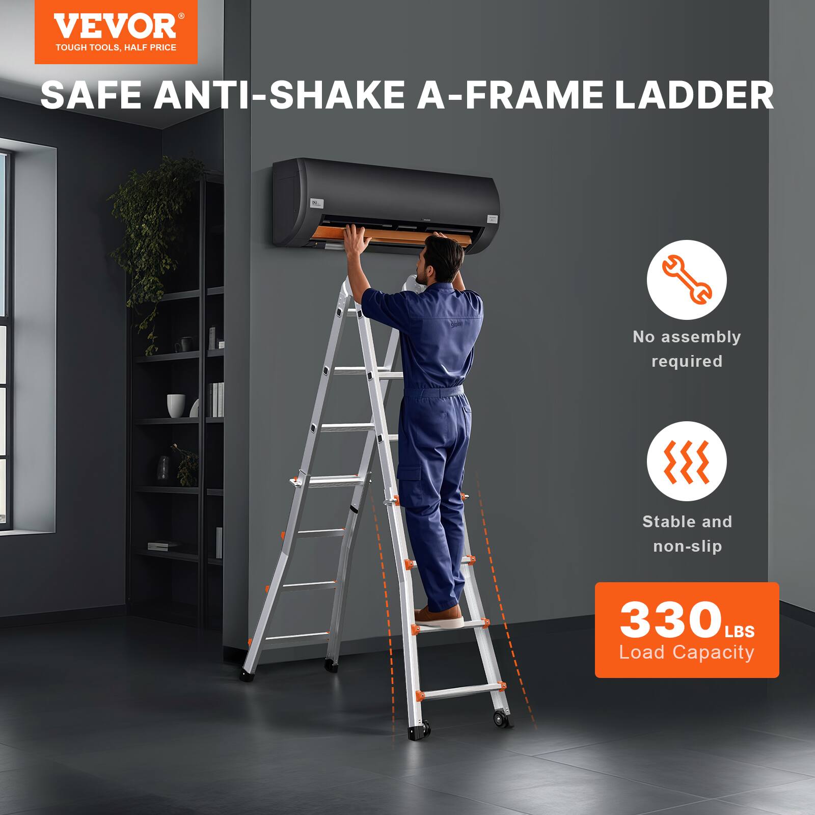 VEVOR TOUGH TOOLS. HALF PRICE SAFE ANTI-SHAKE A-FRAME LADDER

- No assembly required
- Stable and non-slip
- 330 LBS Load Capacity
