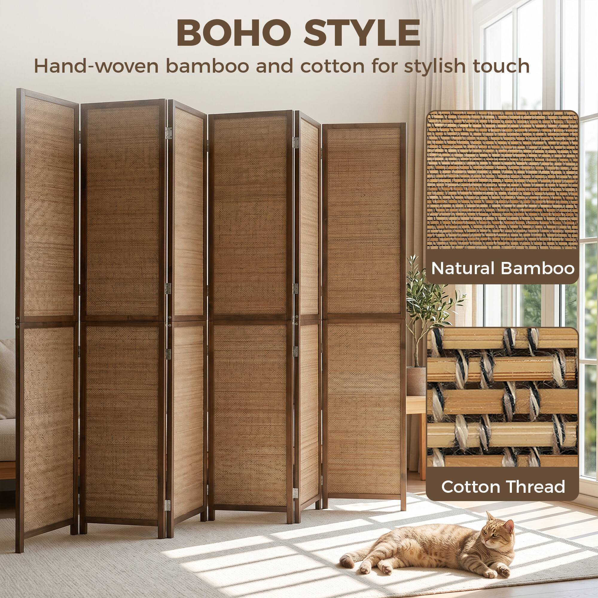 BOHO STYLE  
Hand-woven bamboo and cotton for stylish touch  
Natural Bamboo  
Cotton Thread