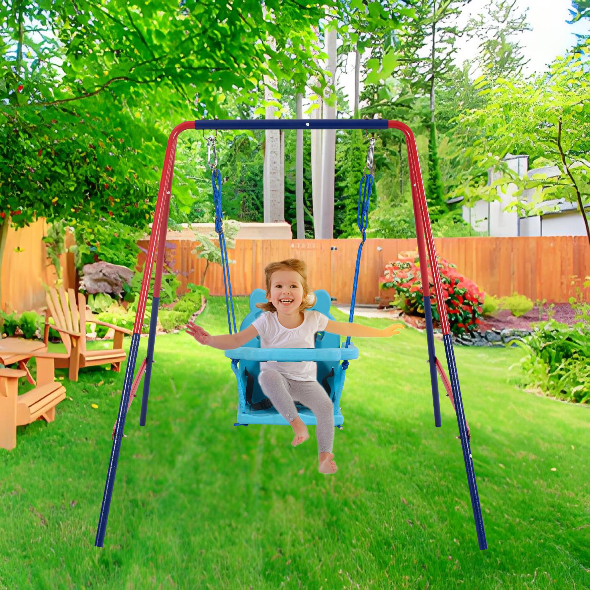 Left. Siljoy - Blue & Green 2‑in‑1 Baby Swing Set, 110 lb Capacity, Grow‑With‑Me Design, for Age 3+ Outdoor Play - Blue+Red.