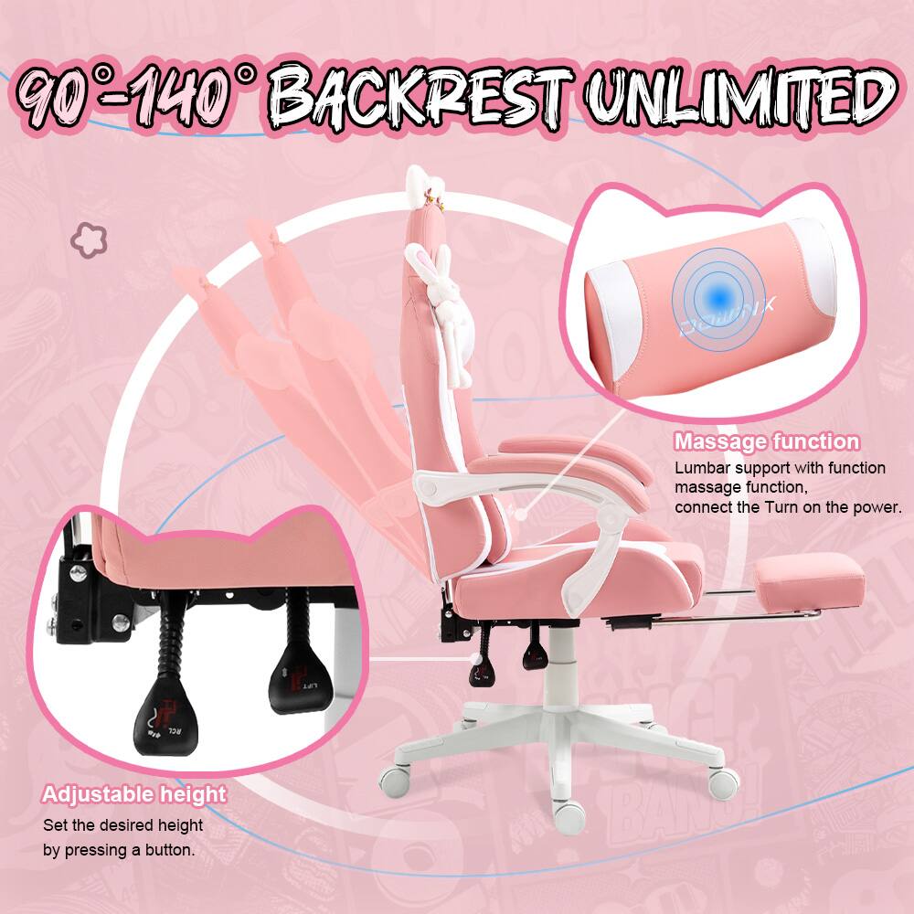 90-140° BACKREST UNLIMITED

Adjustable height
Set the desired height by pressing a button.

Massage function
Lumbar support with massage function, connect the power. Turn on the power.