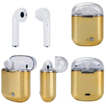 Front. SKRAN - Clear Top Dual Chamber Wireless Bluetooth Earphones With Charging Box, Bluetooth Connectivity, Portable Charging Case - Gold.