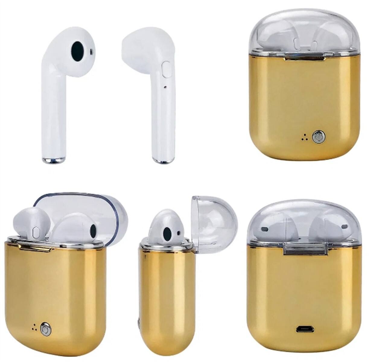 Front. SKRAN - Clear Top Dual Chamber Wireless Bluetooth Earphones With Charging Box, Bluetooth Connectivity, Portable Charging Case - Gold.