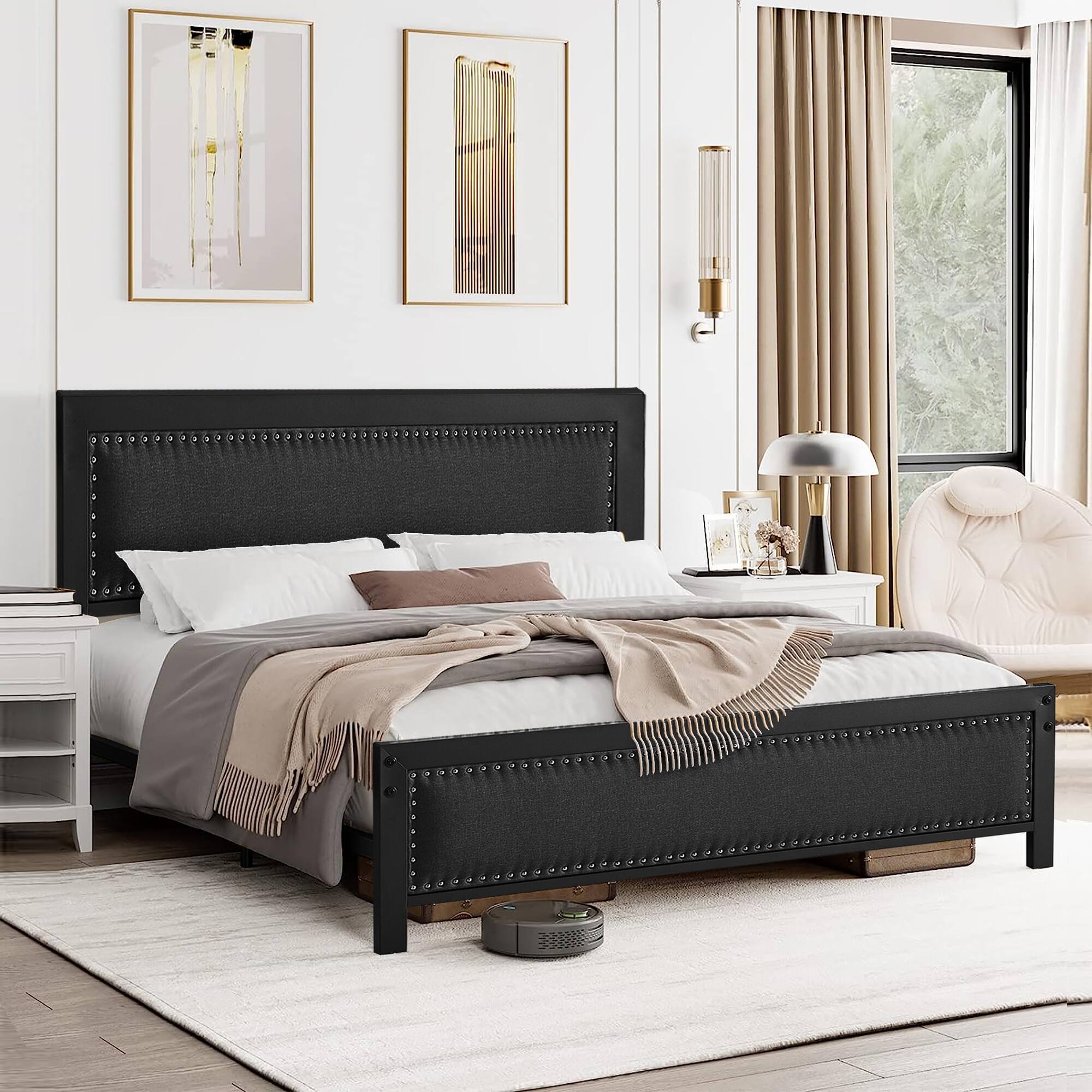 Front. Vecelo - Modern Upholstered Queen Size Bed Frame with Storage, Headboard Shelf, Metal Slats, Noise-Free Design - Black.