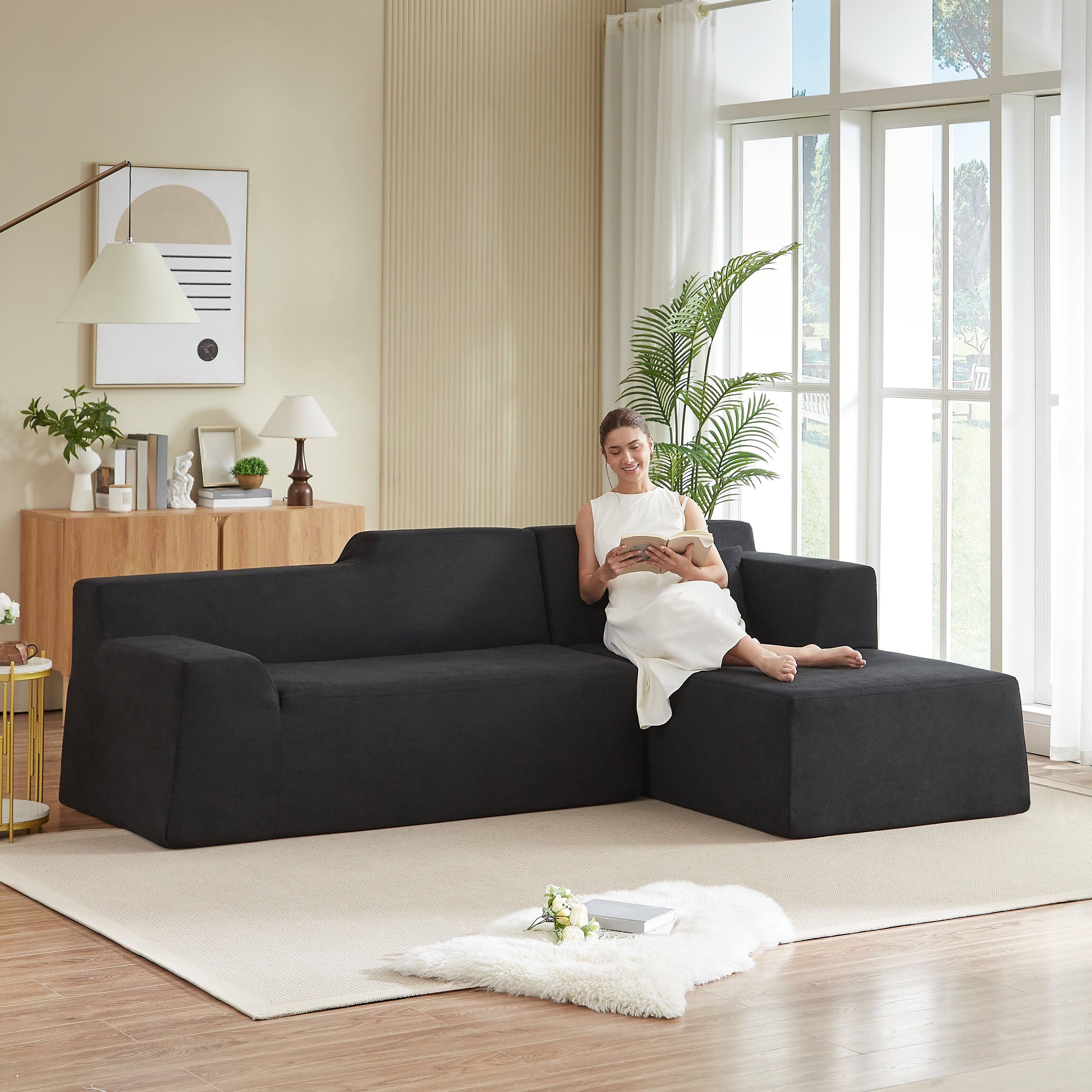 Back. Anysun - Anysun L-Shaped Design Right-Facing Modern Minimalist Corduroy High Raised Thickened Back Sofa - Black.