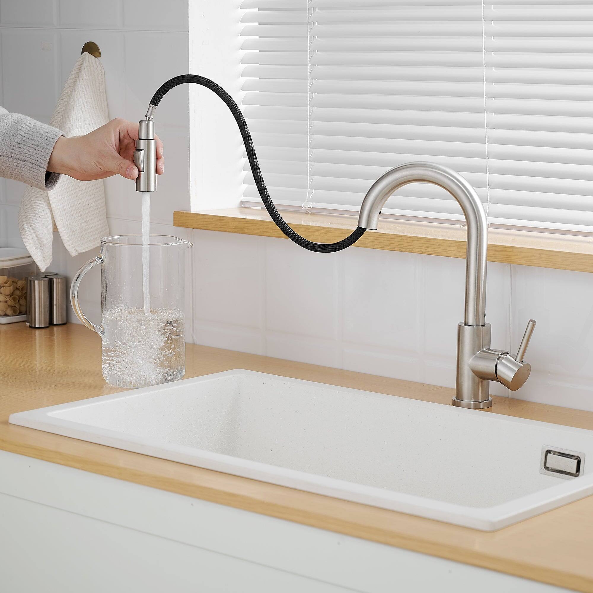Alt View 7. Boyel Living - Brushed Nickel Single Handle Pull Down Bar Faucet with Water Supply Hoses and Ceramic Disc Cartridge - Brushed Nickel.