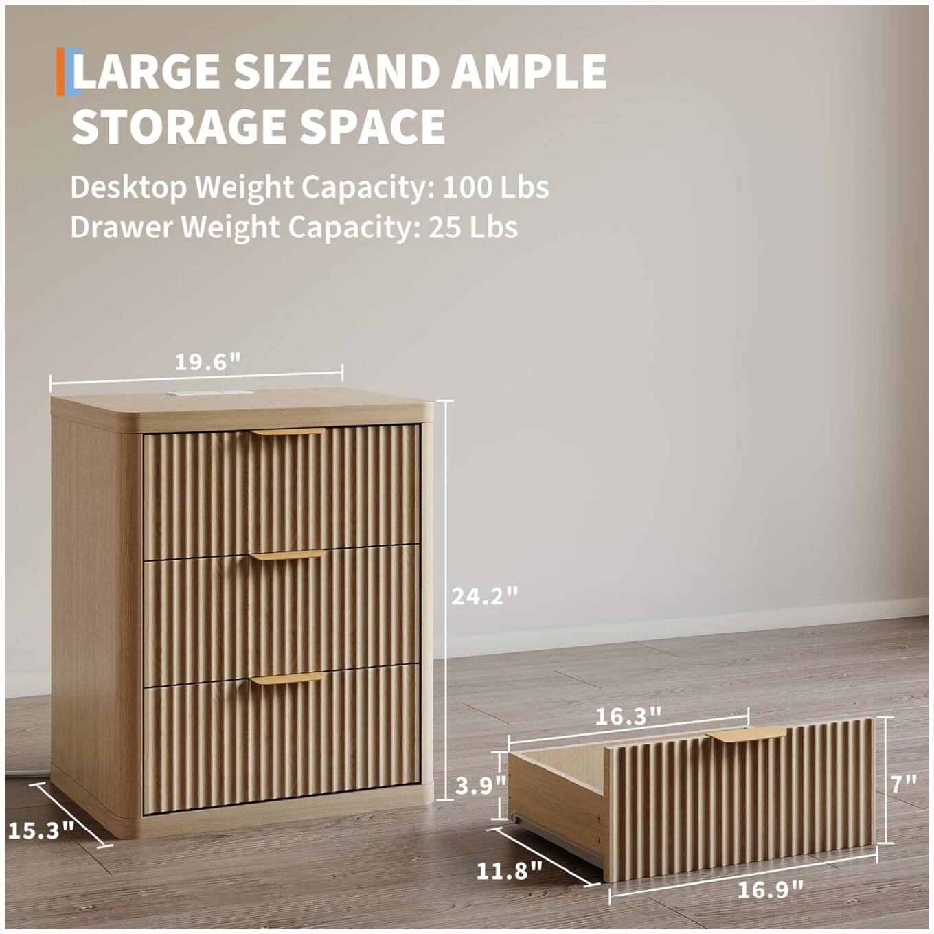 LARGE SIZE AND AMPLE STORAGE SPACE

Desktop Weight Capacity: 100 Lbs  
Drawer Weight Capacity: 25 Lbs

19.6"  
24.2"  
16.3"  
3.9"  
7"  
15.3"  
11.8"  
16.9"