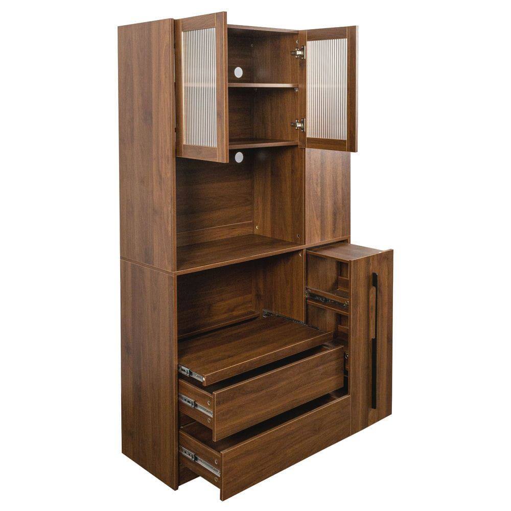 Angle. Kadyn - 71-Inch Tall Freestanding Kitchen Pantry with Pull-Out Shelf - Walnut - Brown.