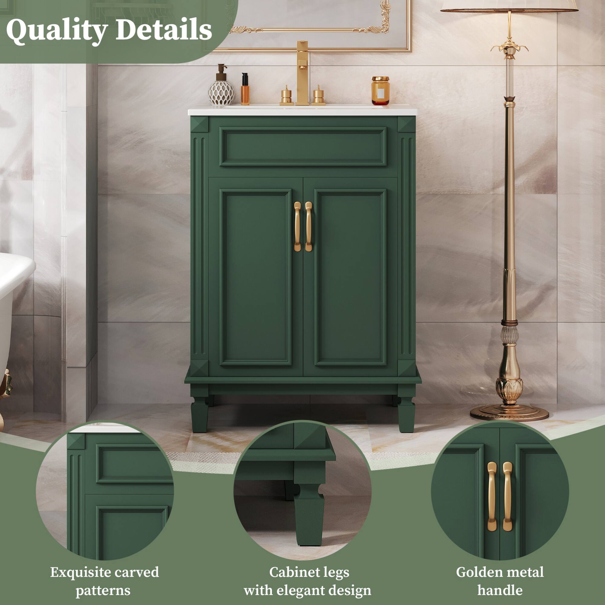 Quality Details

- Exquisite carved patterns
- Cabinet legs with elegant design
- Golden metal handle