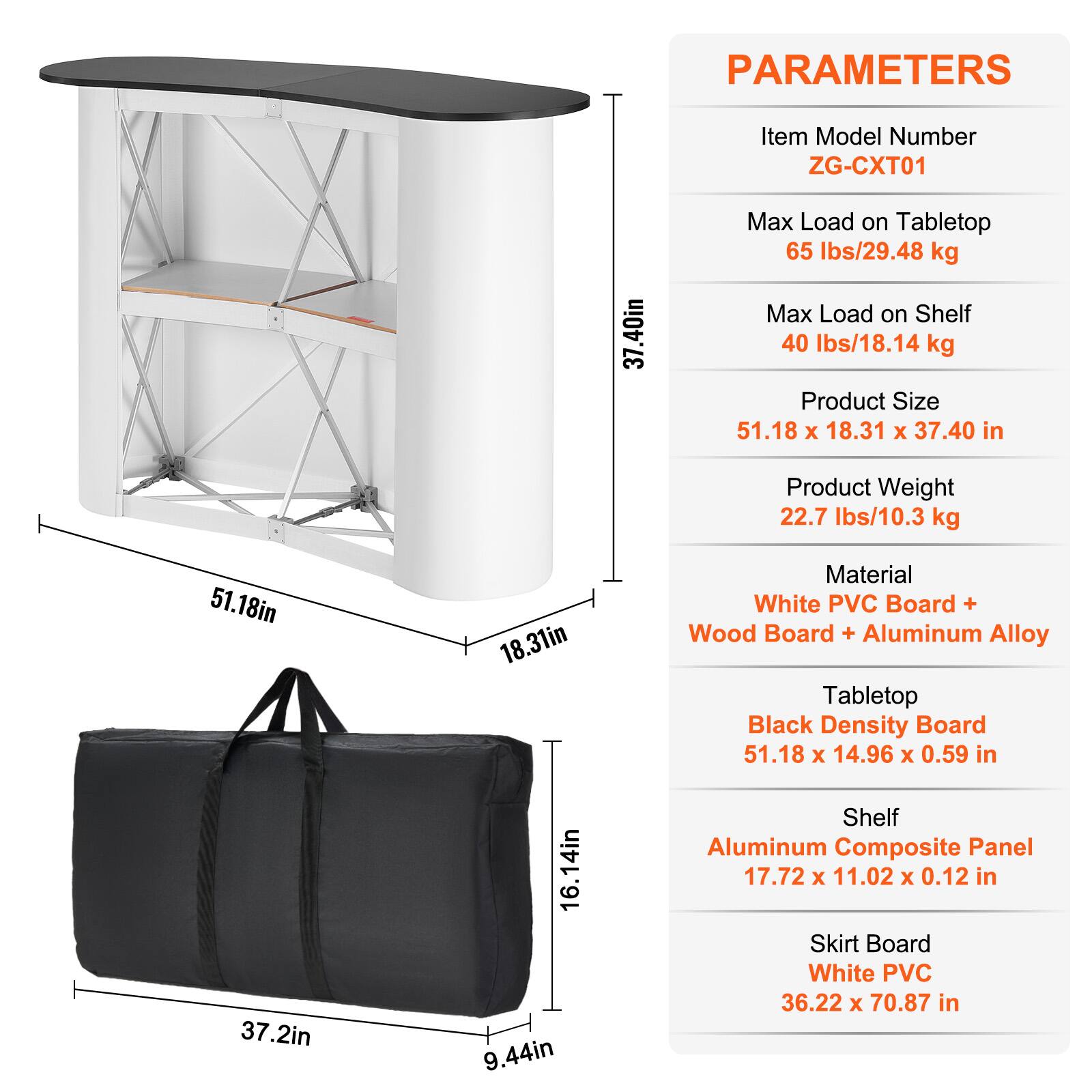 PARAMETERS

- Item Model Number: ZG-CXT01
- Max Load on Tabletop: 65 lbs/29.48 kg
- Max Load on Shelf: 40 lbs/18.14 kg
- Product Size: 51.18 x 18.31 x 37.40 in
- Product Weight: 22.7 lbs/10.3 kg

Material:
- Tabletop: White PVC Board + Wood Board + Aluminum Alloy
- Tabletop: Black Density Board (51.18 x 14.96 x 0.59 in)
- Shelf: Aluminum Composite Panel (17.72 x 11.02 x 0.12 in)
- Skirt Board: White PVC (36.22 x 70.87 in)