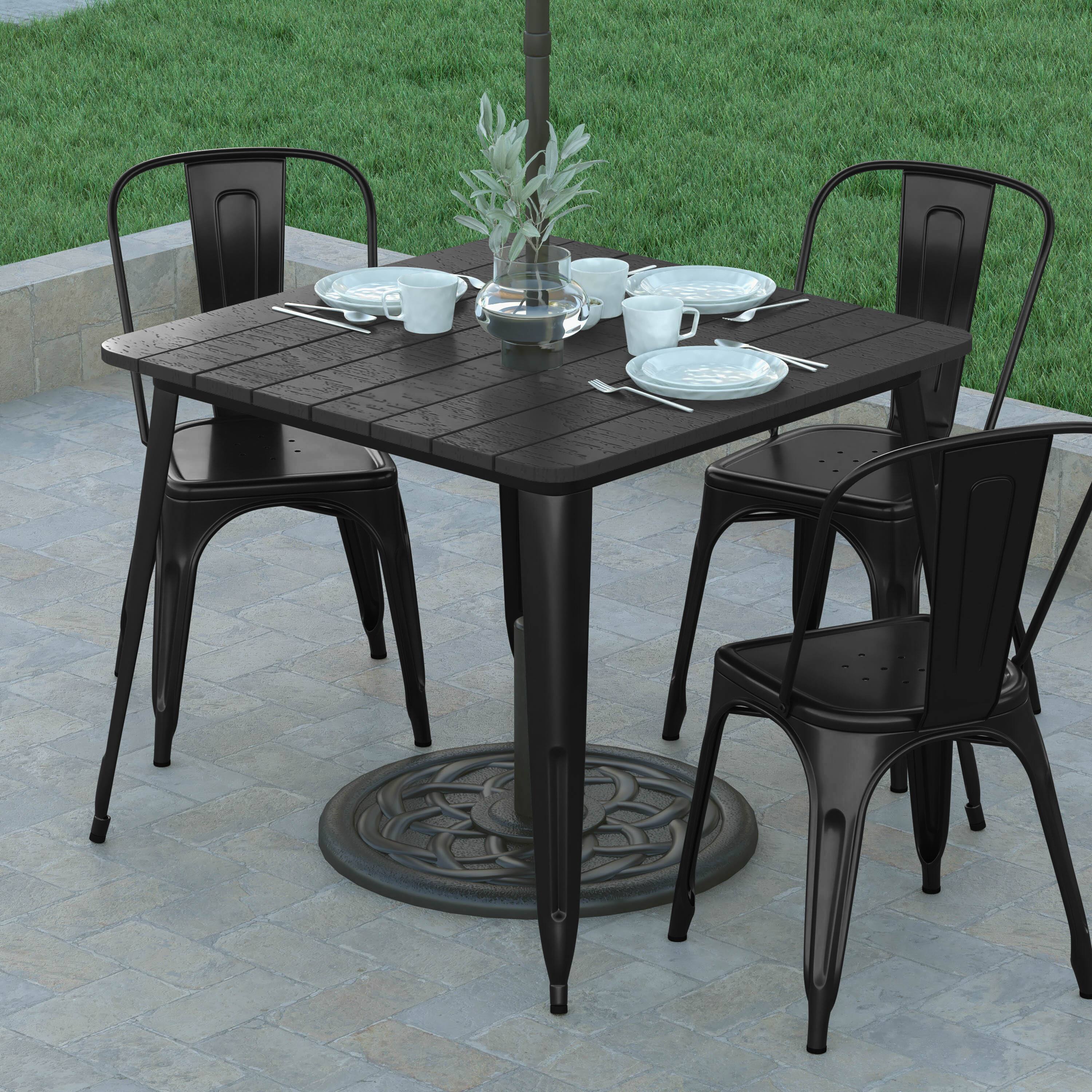 Alt View 3. Emma + Oliver - Drew Indoor/Outdoor Dining Table with Umbrella Hole, 36" Square All Weather Poly Resin Top and Steel Base - Black Top/Black Frame.