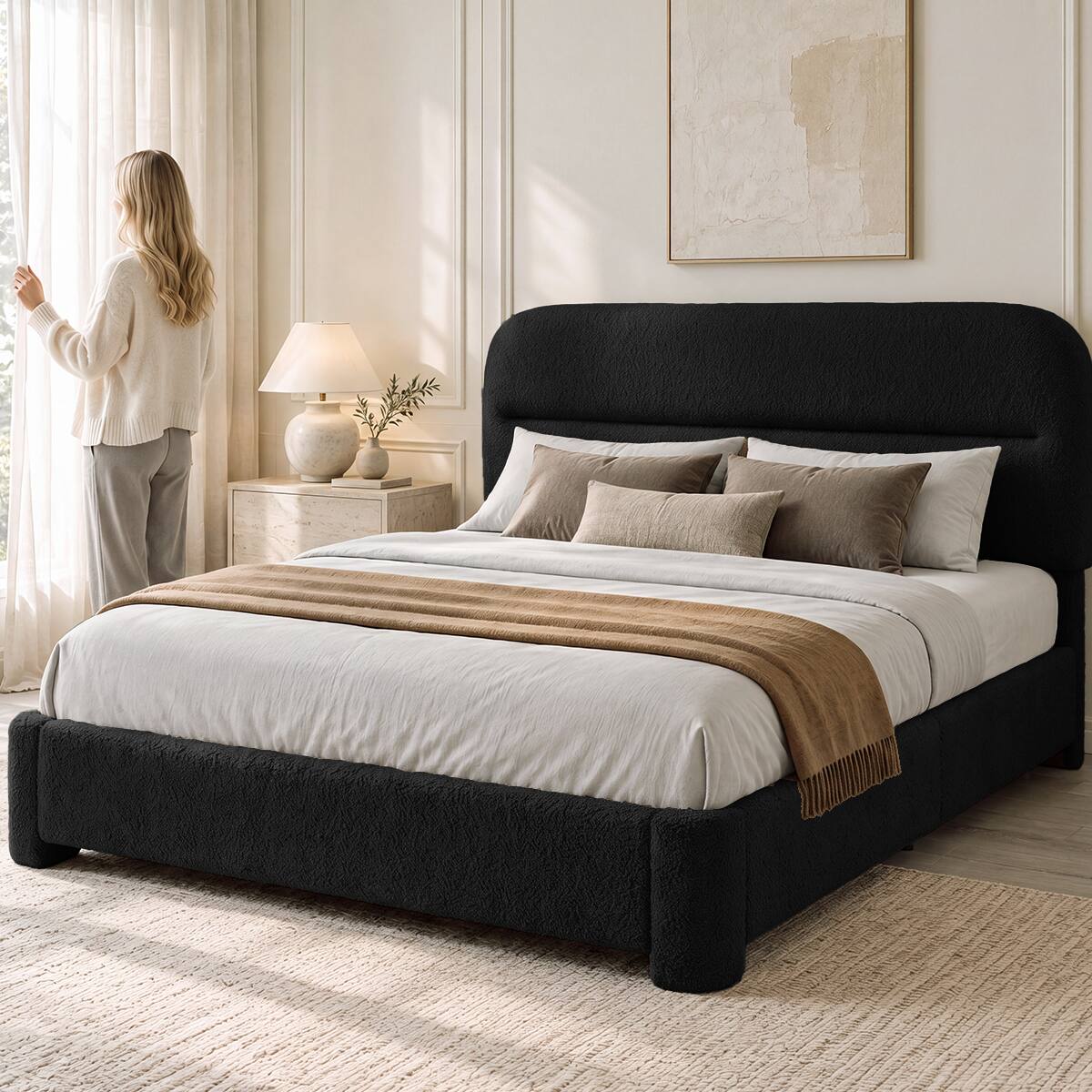 Alt View 5. Vipbear - F/Q/K Upholstered Platform Bed Frame | Height Adjustable Headboard, No Box Spring Needed, Works with 8–14" Mattresses - Black.