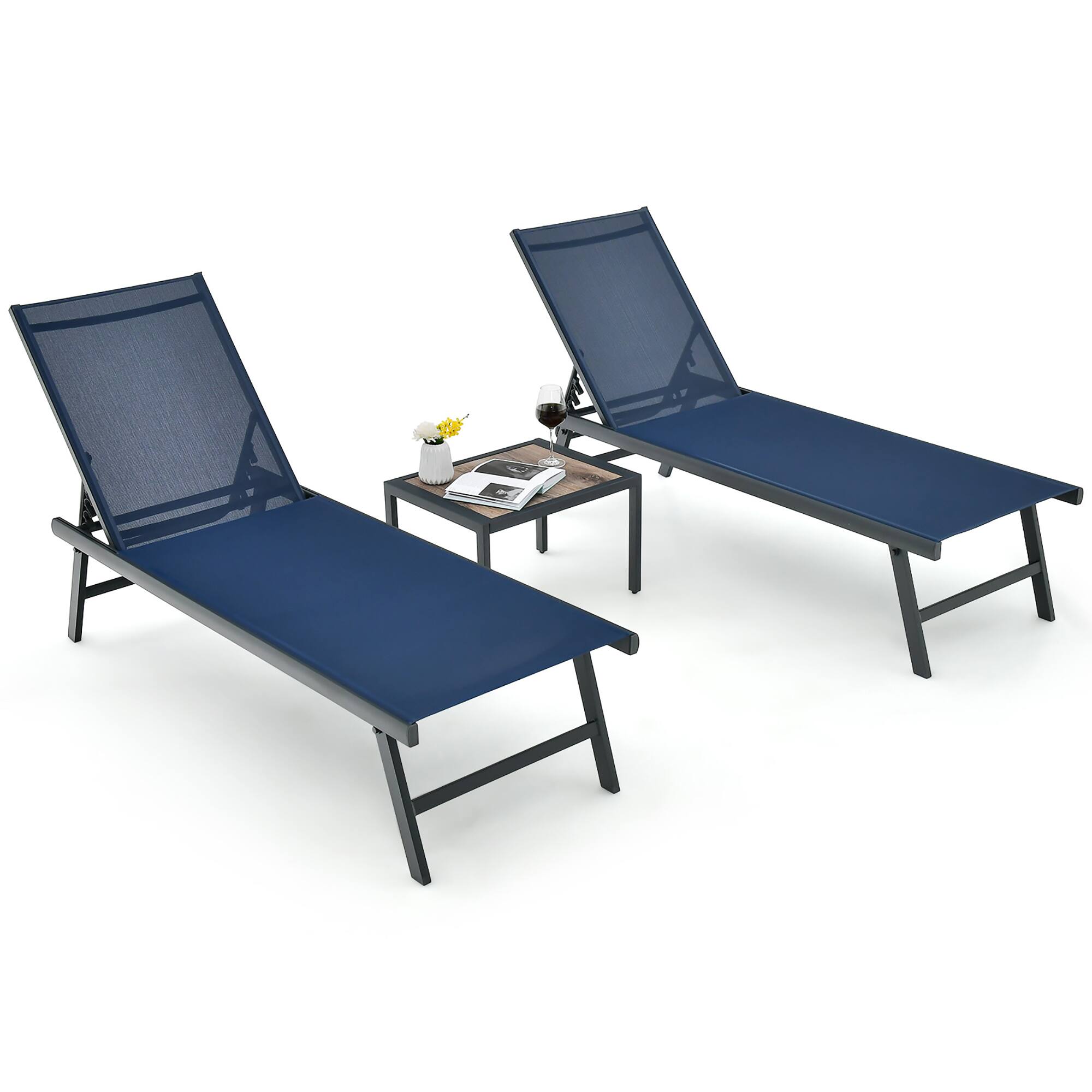 Alt View 3. Gymax - Gymax 3pcs Patio Chaise Lounge Set Aluminum Recliner Chair Table Outdoor Adjust Navy - Navy.