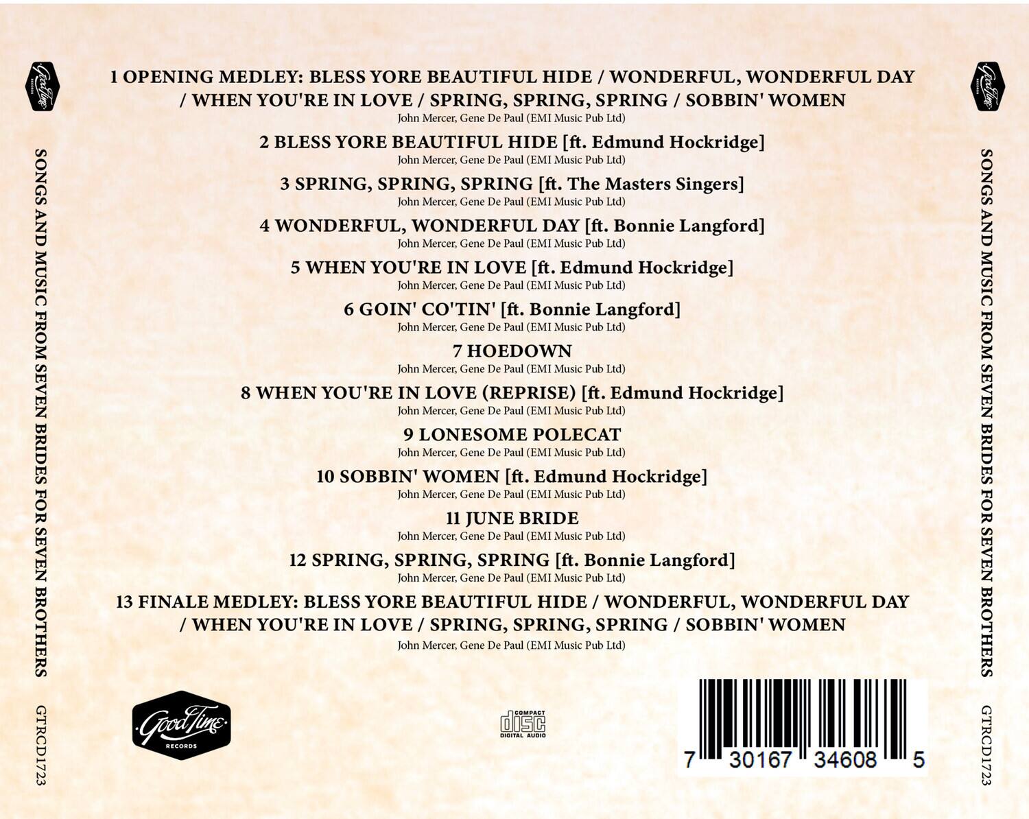 Sure, here is the corrected and grouped text:

---

**SONGS AND MUSIC FROM SEVEN BRIDES FOR SEVEN BROTHERS**

1. **OPENING MEDLEY:**  
   - BLESS YORE BEAUTIFUL HIDE  
   - WHEN YOU'RE IN LOVE  
   - SPRING, SPRING, SPRING  
   - WONDERFUL, WONDERFUL DAY  
   - SOBBIN' WOMEN  
   *John Mercer, Gene De Paul (EMI Music Pub Ltd)*

2. **BLESS YORE BEAUTIFUL HIDE**  
   *ft. Edmund Hockridge*  
   *John Mercer, Gene De Paul (EMI Music Pub Ltd)*

3. **SPRING, SPRING, SPRING**  
   *ft. The Masters Singers*  
   *John Mercer, Gene De Paul (EMI Music Pub Ltd)*

4. **WONDERFUL, WONDERFUL DAY**  
   *ft. Bonnie Langford*  
   *John Mercer, Gene De Paul (EMI Music Pub Ltd)*

5. **WHEN YOU'RE IN LOVE**  
   *ft. Edmund Hockridge*  
   *John Mercer, Gene De Paul (EM