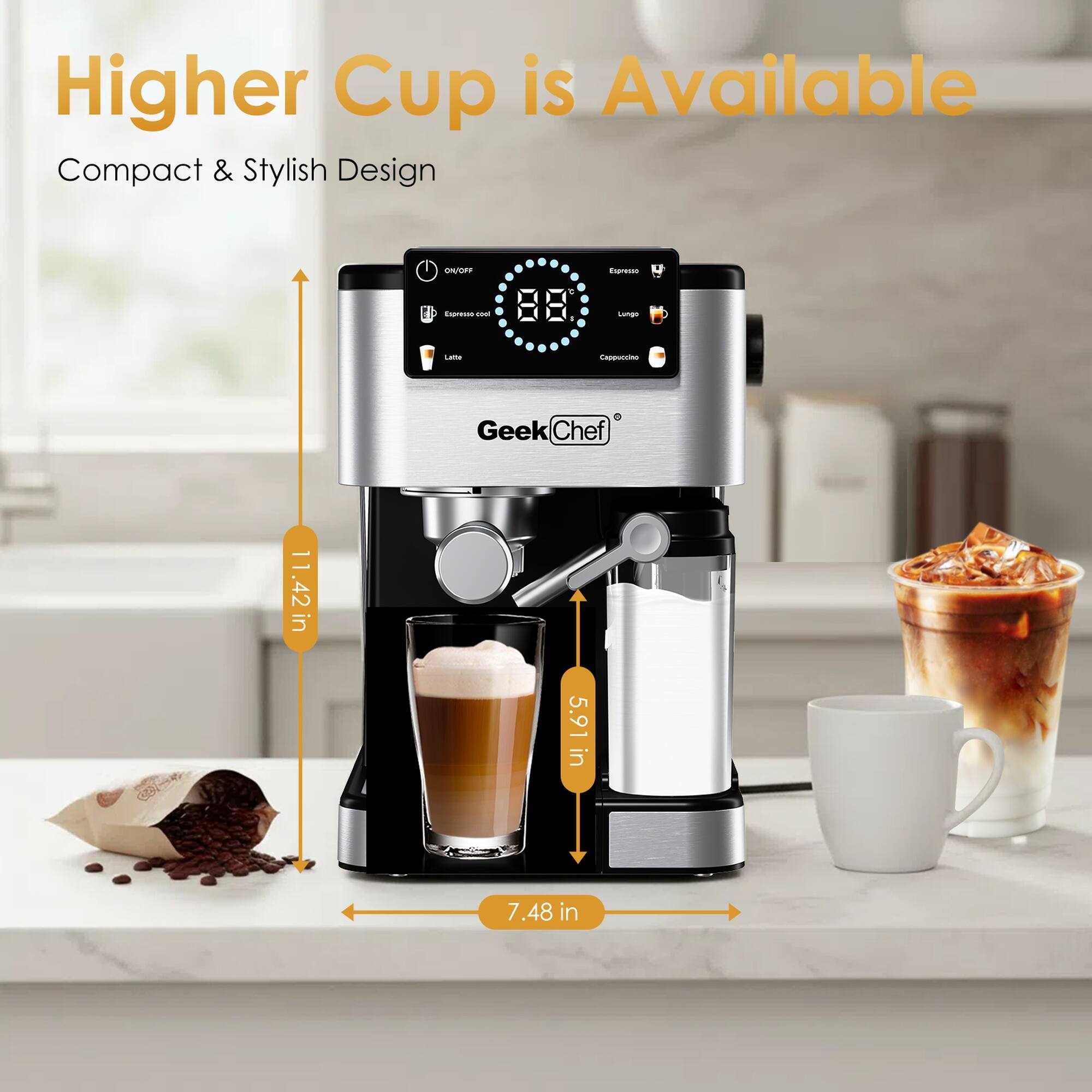 Higher Cup is Available  
Compact & Stylish Design  

Geek Chef  
11.42 in  
5.91 in  
7.48 in