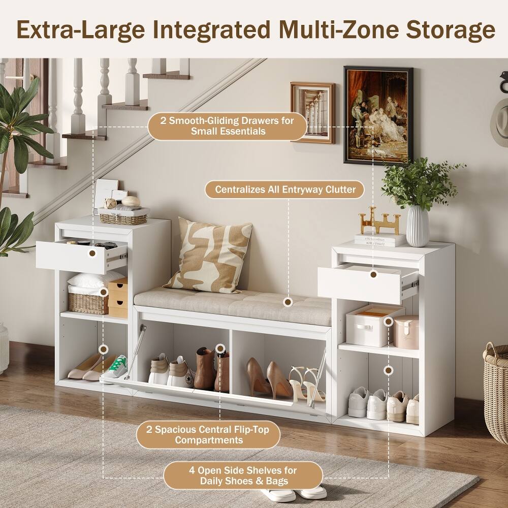 Extra-Large Integrated Multi-Zone Storage

2 Smooth-Gliding Drawers for Small Essentials
Centralizes All Entryway Clutter

2 Spacious Central Flip-Top Compartments
4 Open Side Shelves for Daily Shoes & Bags