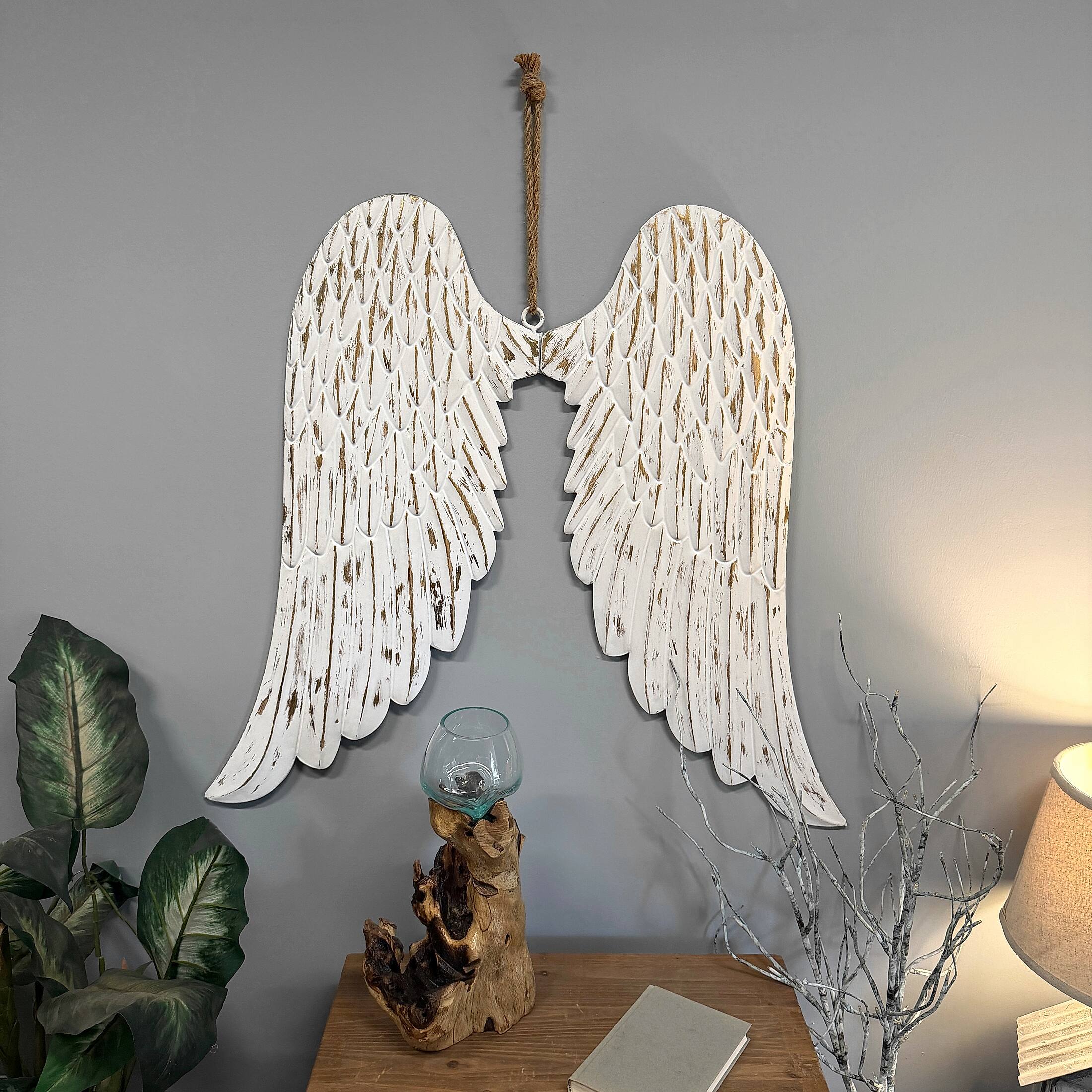 Alt View 3. Zeckos - Metal Angel Wings Wall Sculpture Distressed White with Gold Accents 34 Inch Wide - White.