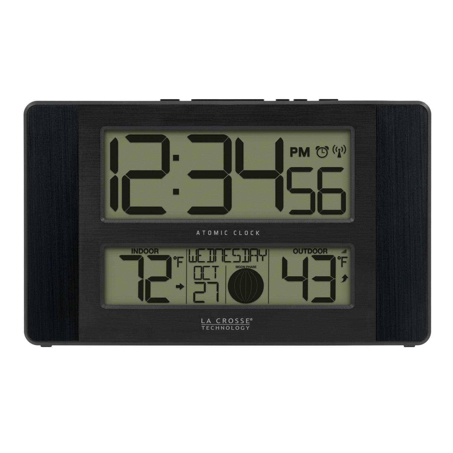 PM 12:34:56  
ATOMIC CLOCK  
INDOOR 72°F  
WEDNESDAY OCT 27  
OUTDOOR 43°F  
LA CROSSE TECHNOLOGY