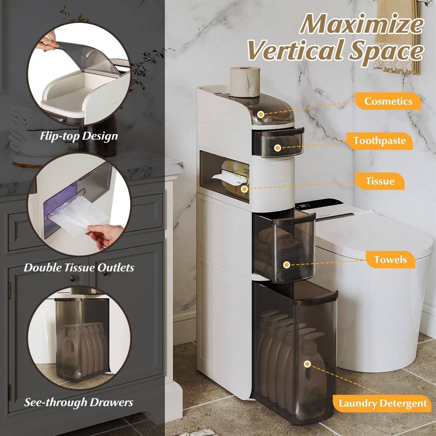 Maximize Vertical Space

- Flip-top Design
- Cosmetics
- Toothpaste
- Tissue
- Double Tissue Outlets
- Towels
- See-through Drawers
- Laundry Detergent