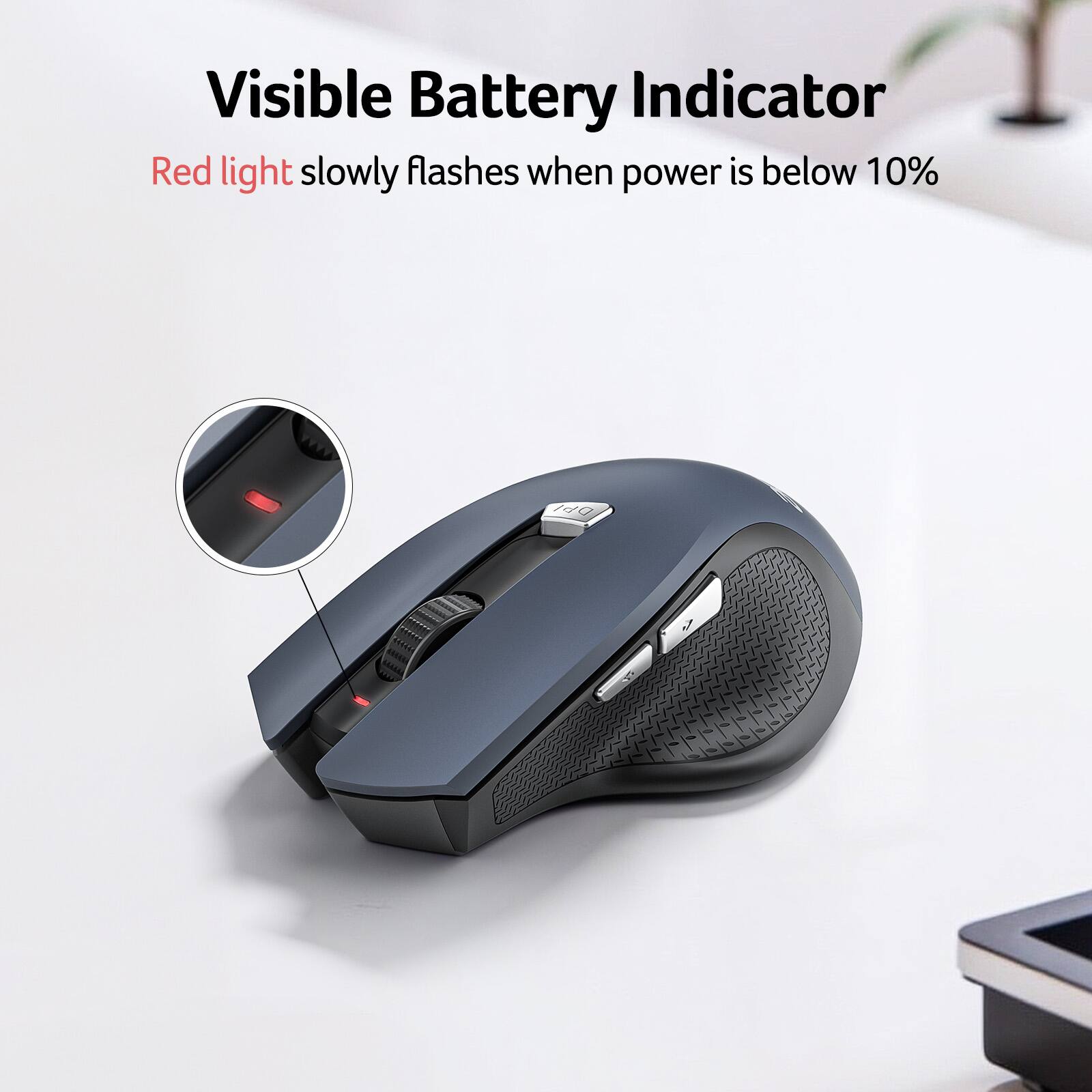 Visible Battery Indicator: Red light slowly flashes when power is below 10%.