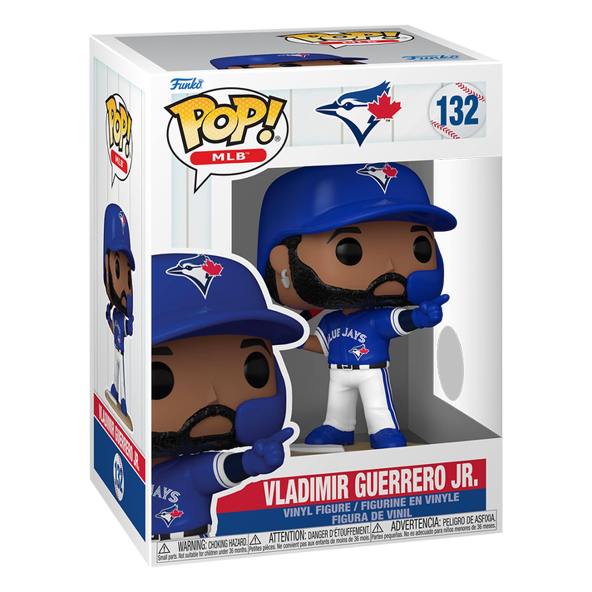 POP! Funko >>>>>>>>>> COM POP! 132 mame MLB  
BLUE JAYS  
GUERRERO JR. AYS VLADIMIR FIGURE / FIGURINE EN VINYLE VINYL FIGURA DE VINIL ASFIXIA, ADVERTENCIA: PELIGRO DE menores de 36 meses. TOUFFEMENT adecuado para nios ATTENTION: DANGER 0 Partes pequelas. NO es A menos de 36 mois, HAZARD aux entants de WARNING: CHOKING Protes pieces. Ne convient pas tr children 780mg) 36 months, parts Not suitable