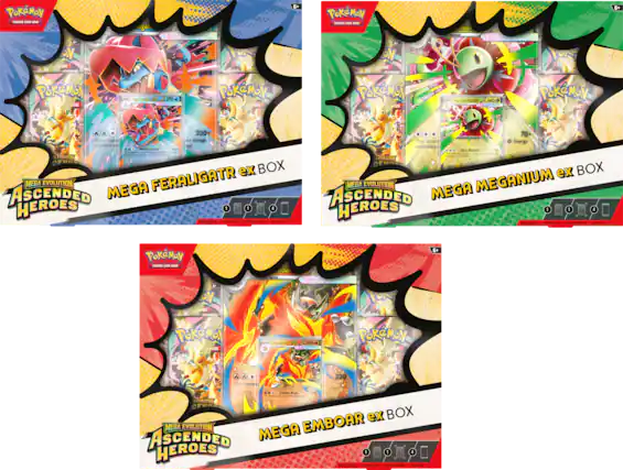 **POKÉMON Trading Card Game**
**MEGA EVOLUTION ASCENDED HEROES**
- **MEGA FERALIGATR ex BOX**
- Includes: Mewtwo VSTAR, Mega Feraligatr, 1 Energy card, 1 Basic Pokémon card, 1 Trainer card, 1 Stadium card
- **MEGA MEGANIUM ex BOX**
- Includes: Mewtwo VSTAR, Mega Meganium, 1 Energy card, 1 Basic Pokémon card, 1 Trainer card, 1 Stadium card
- **MEGA EMBOAR ex BOX**
- Includes: Mewtwo VSTAR, Mega Emboar, 1 Energy card, 1 Basic Pokémon card, 1 Trainer card, 1 Stadium card
**Age:** 6+